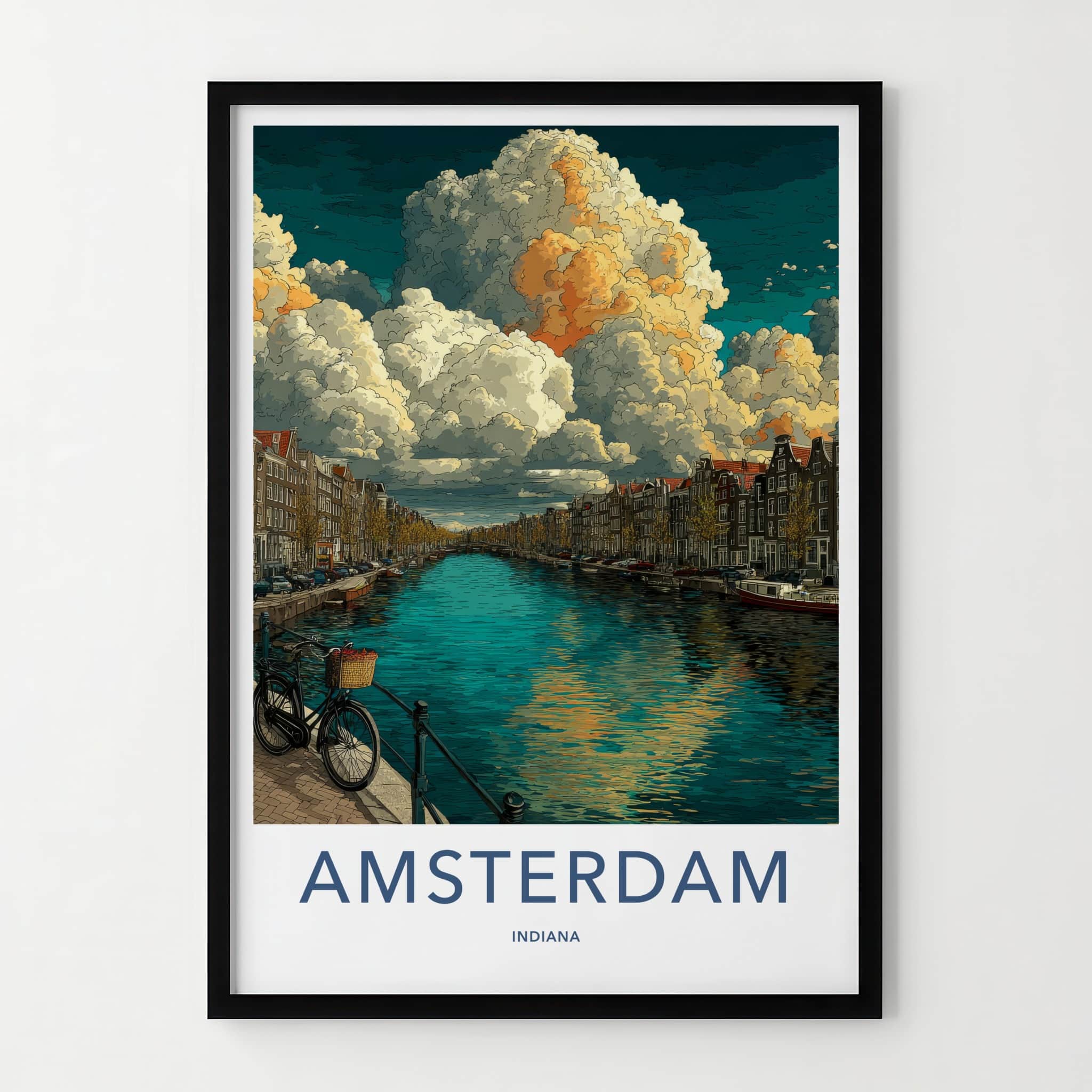 Amsterdam Poster - Indiana Travel Art - Dramatic Clouds Canal Wall Decor