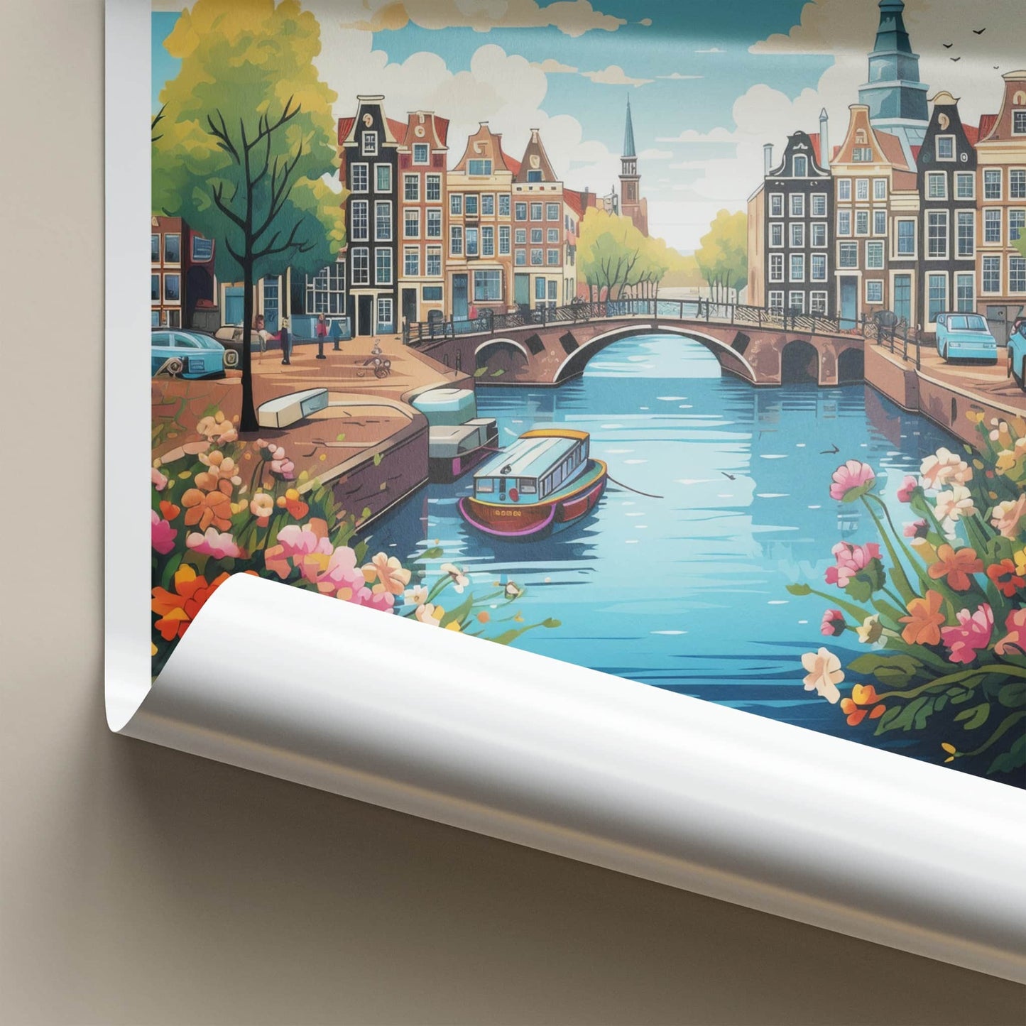 Amsterdam Poster - Netherlands Travel Art - Bridge Boat Flowers Wall Decor