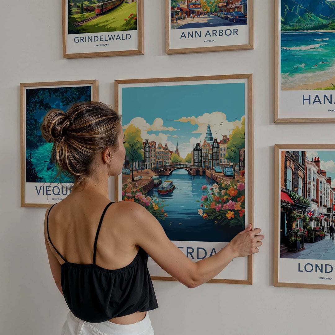 Amsterdam Poster - Netherlands Travel Art - Bridge Boat Flowers Wall Decor