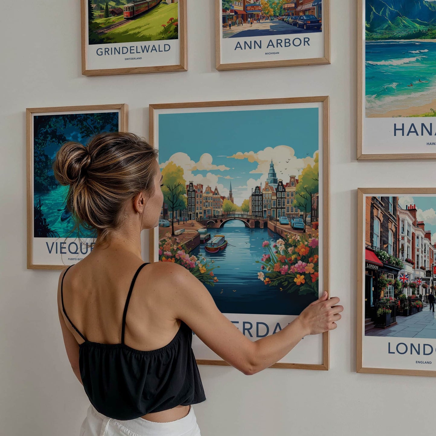 Amsterdam Poster - Netherlands Travel Art - Bridge Boat Flowers Wall Decor