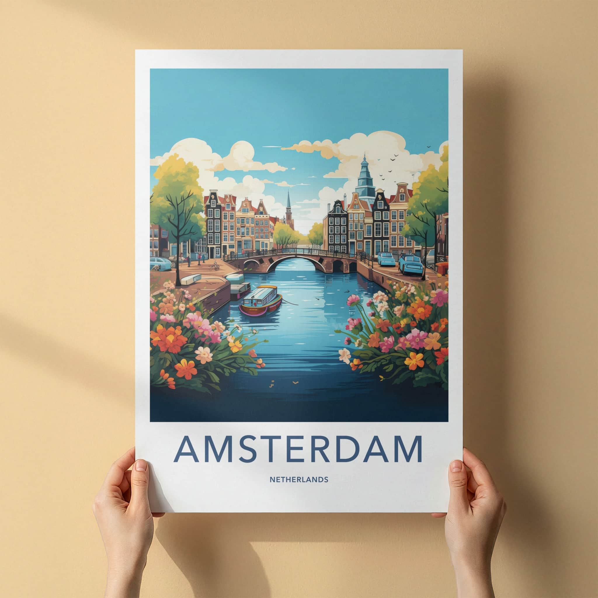 Amsterdam Poster - Netherlands Travel Art - Bridge Boat Flowers Wall Decor