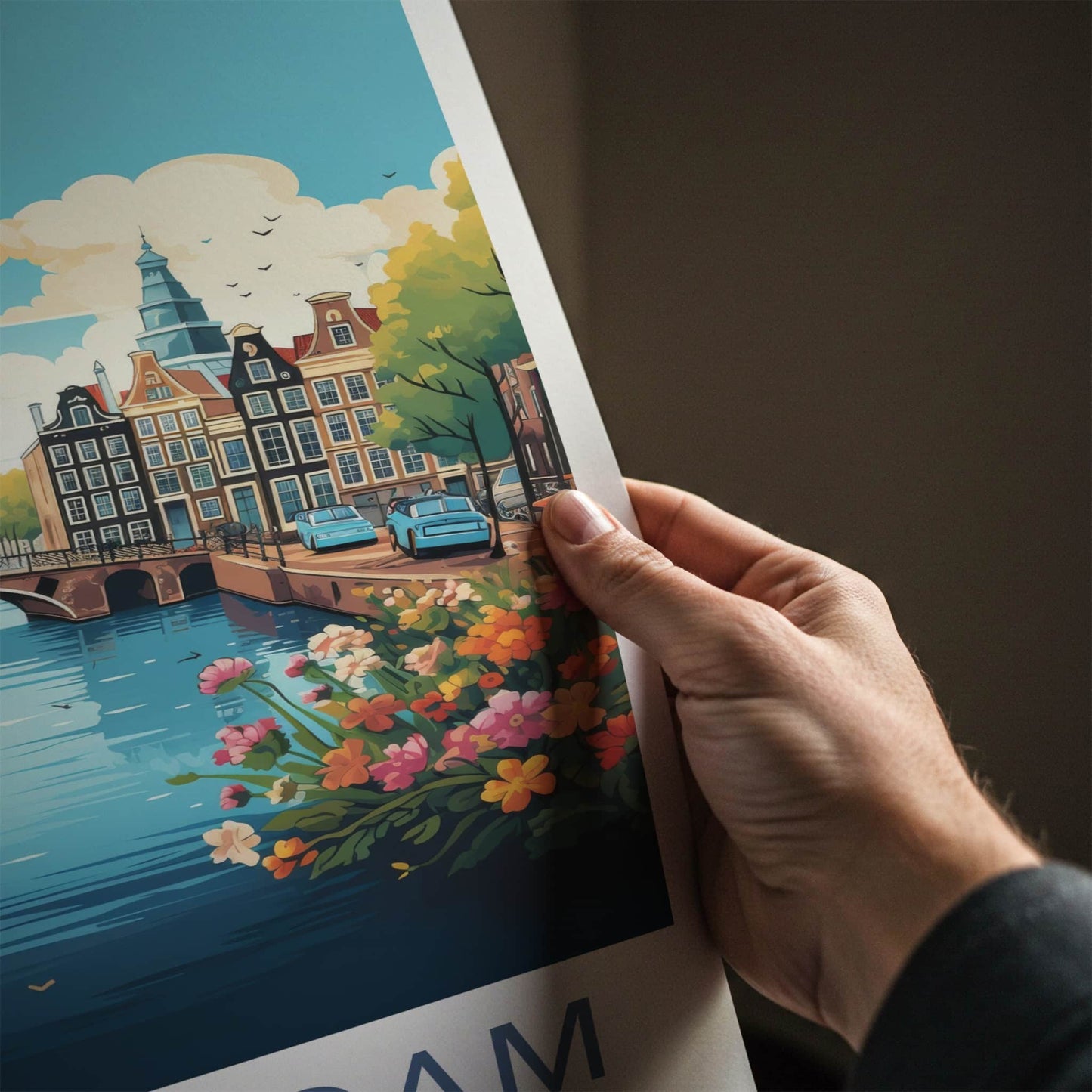 Amsterdam Poster - Netherlands Travel Art - Bridge Boat Flowers Wall Decor