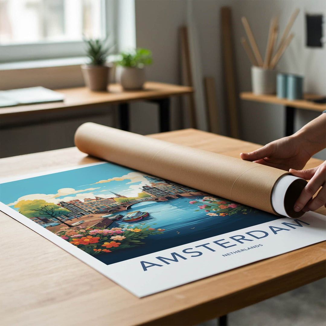 Amsterdam Poster - Netherlands Travel Art - Bridge Boat Flowers Wall Decor