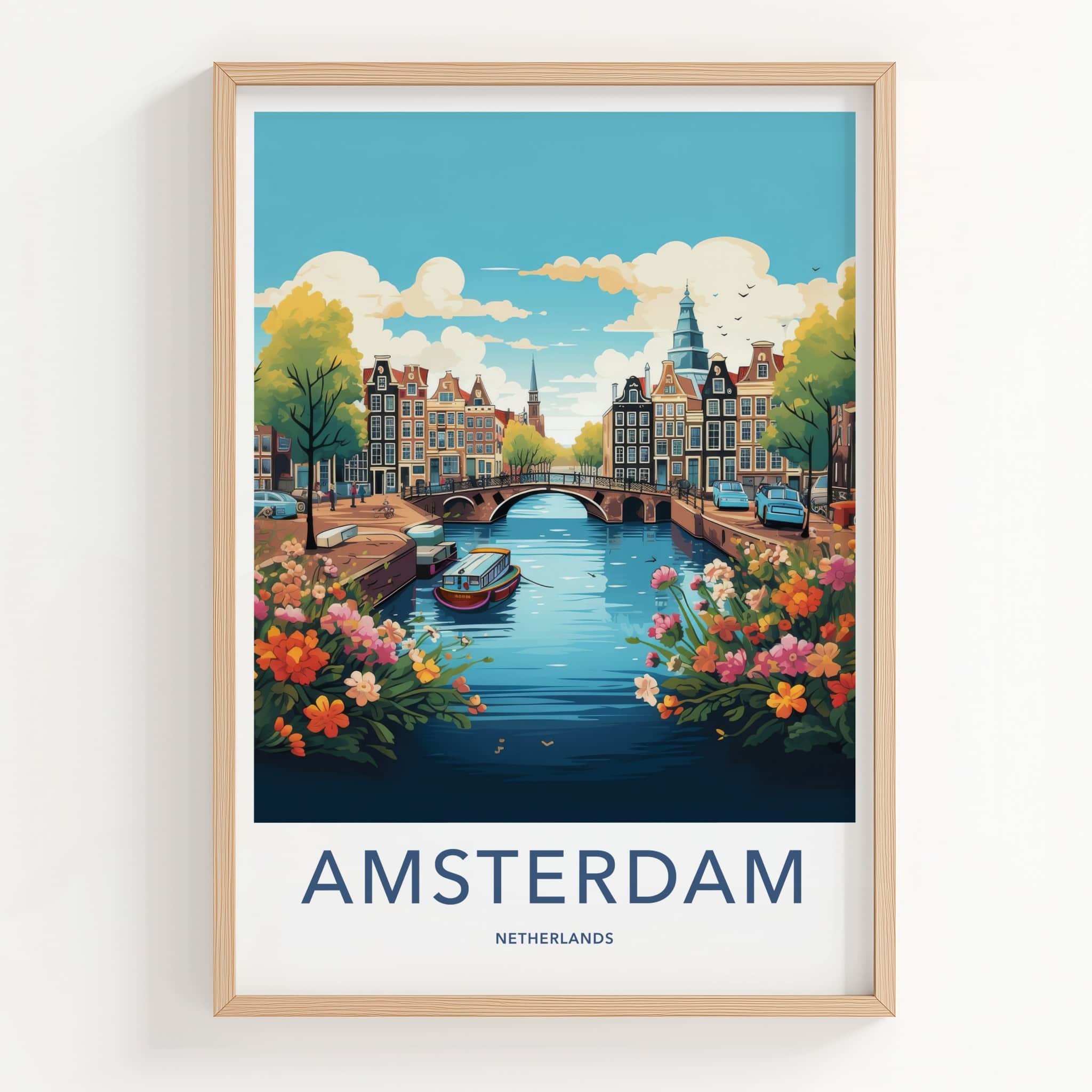 Amsterdam Poster - Netherlands Travel Art - Bridge Boat Flowers Wall Decor