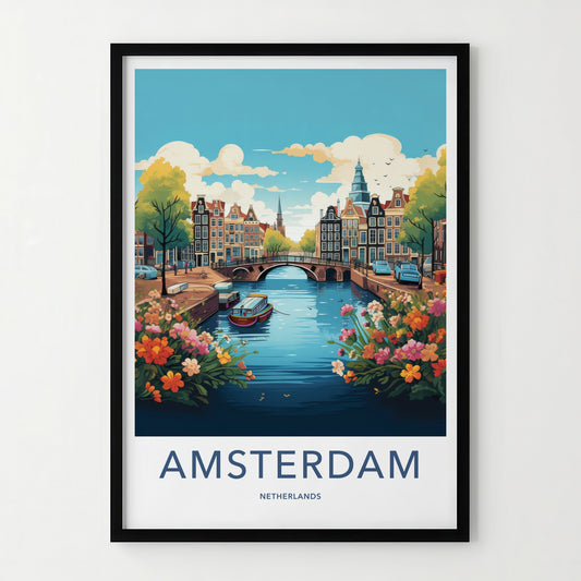 Amsterdam Poster - Netherlands Travel Art - Bridge Boat Flowers Wall Decor