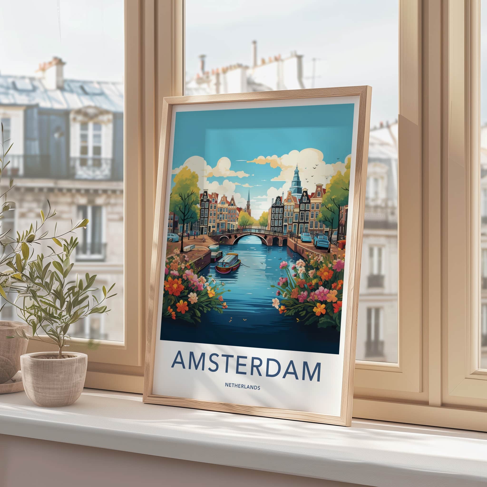Amsterdam Poster - Netherlands Travel Art - Bridge Boat Flowers Wall Decor