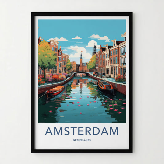Amsterdam Poster - Netherlands Travel Art - Historic Canal Scene Home Decor