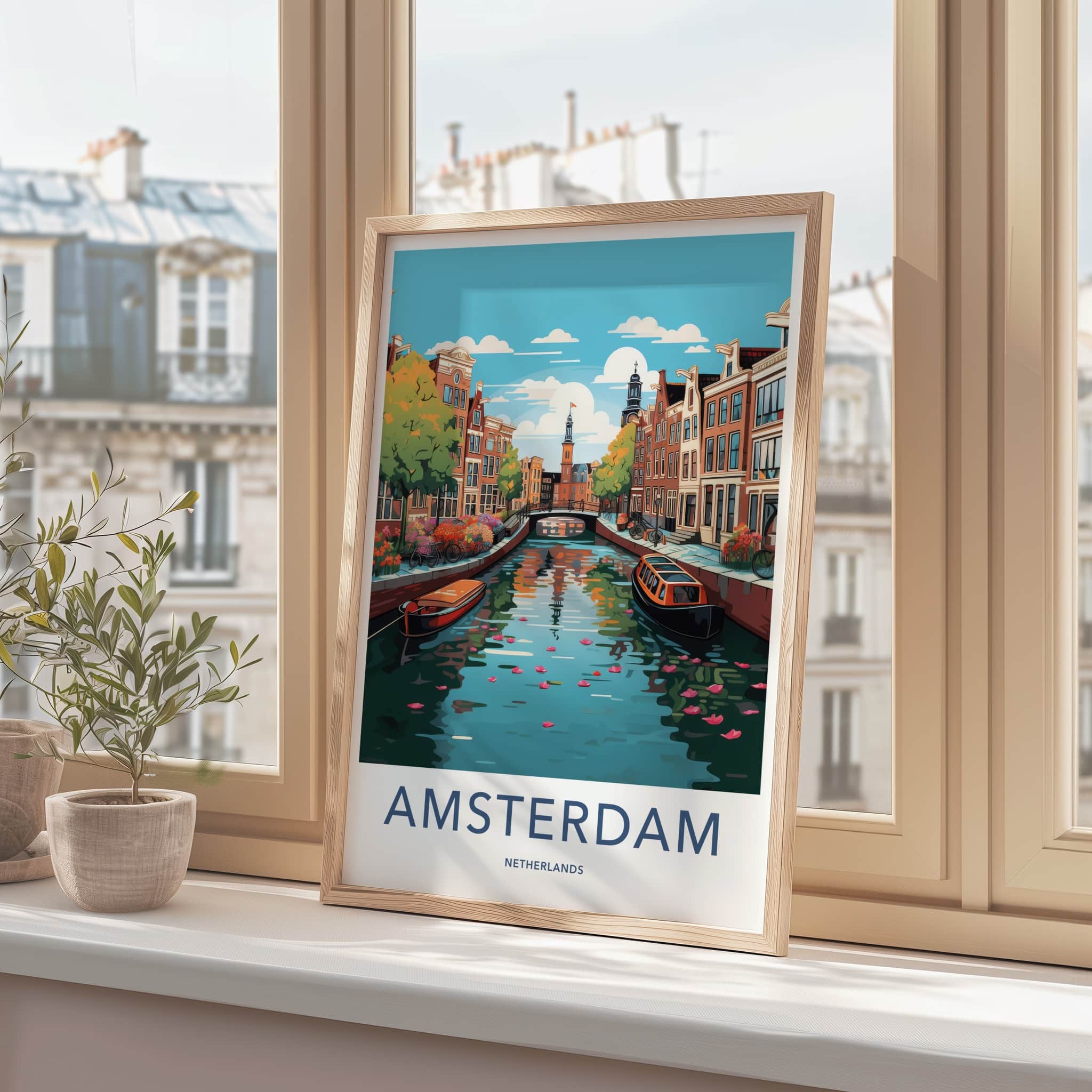 Amsterdam Poster - Netherlands Travel Art - Historic Canal Scene Home Decor