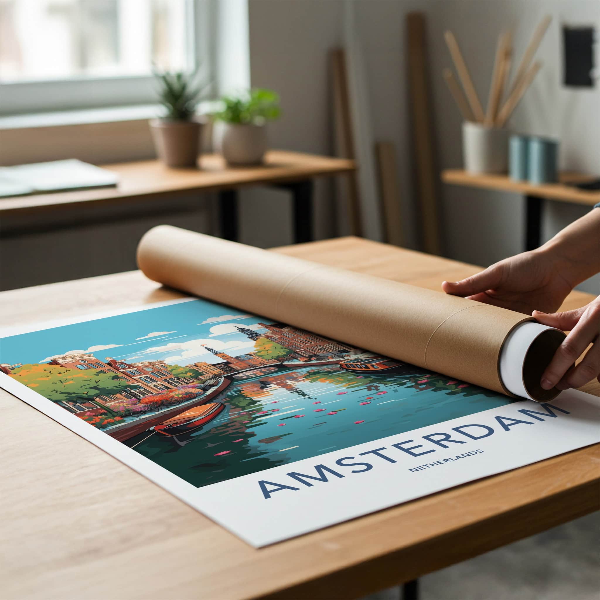 Amsterdam Poster - Netherlands Travel Art - Historic Canal Scene Home Decor