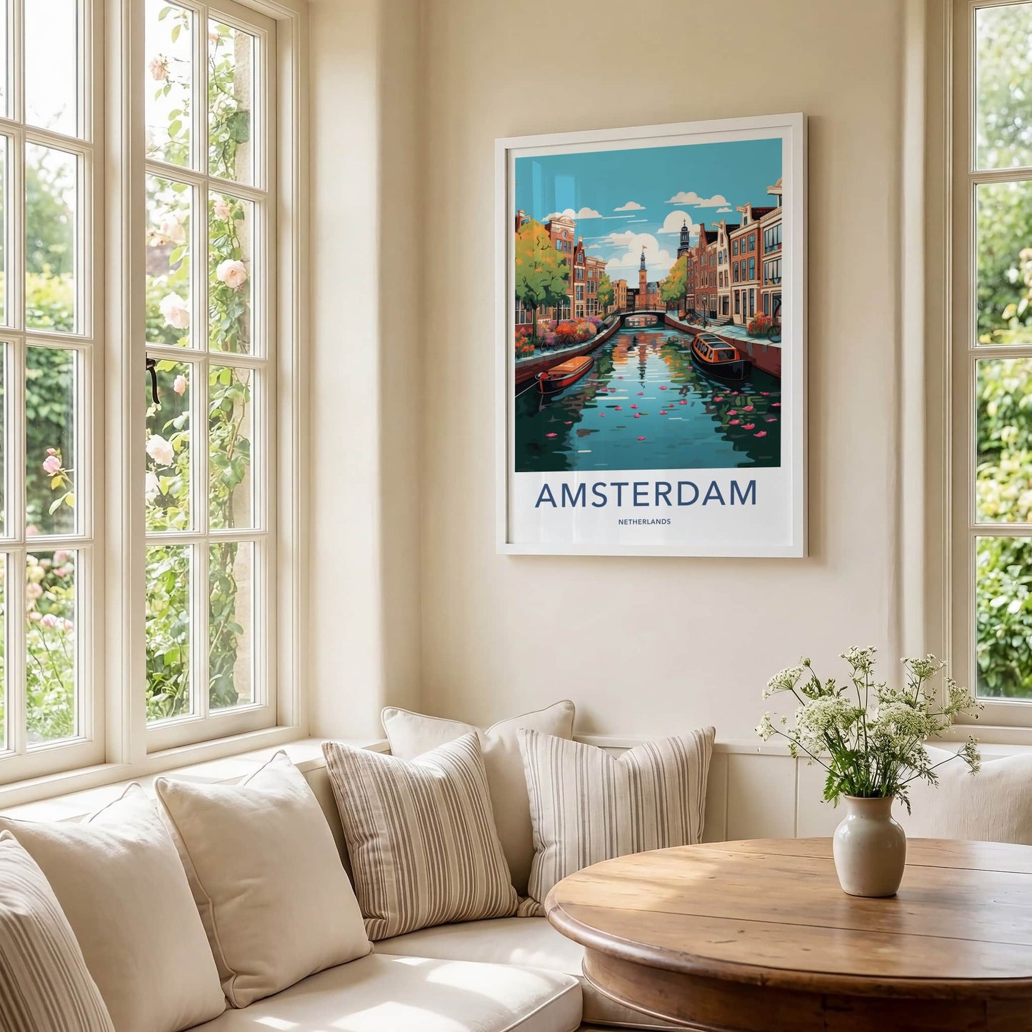 Amsterdam Poster - Netherlands Travel Art - Historic Canal Scene Home Decor