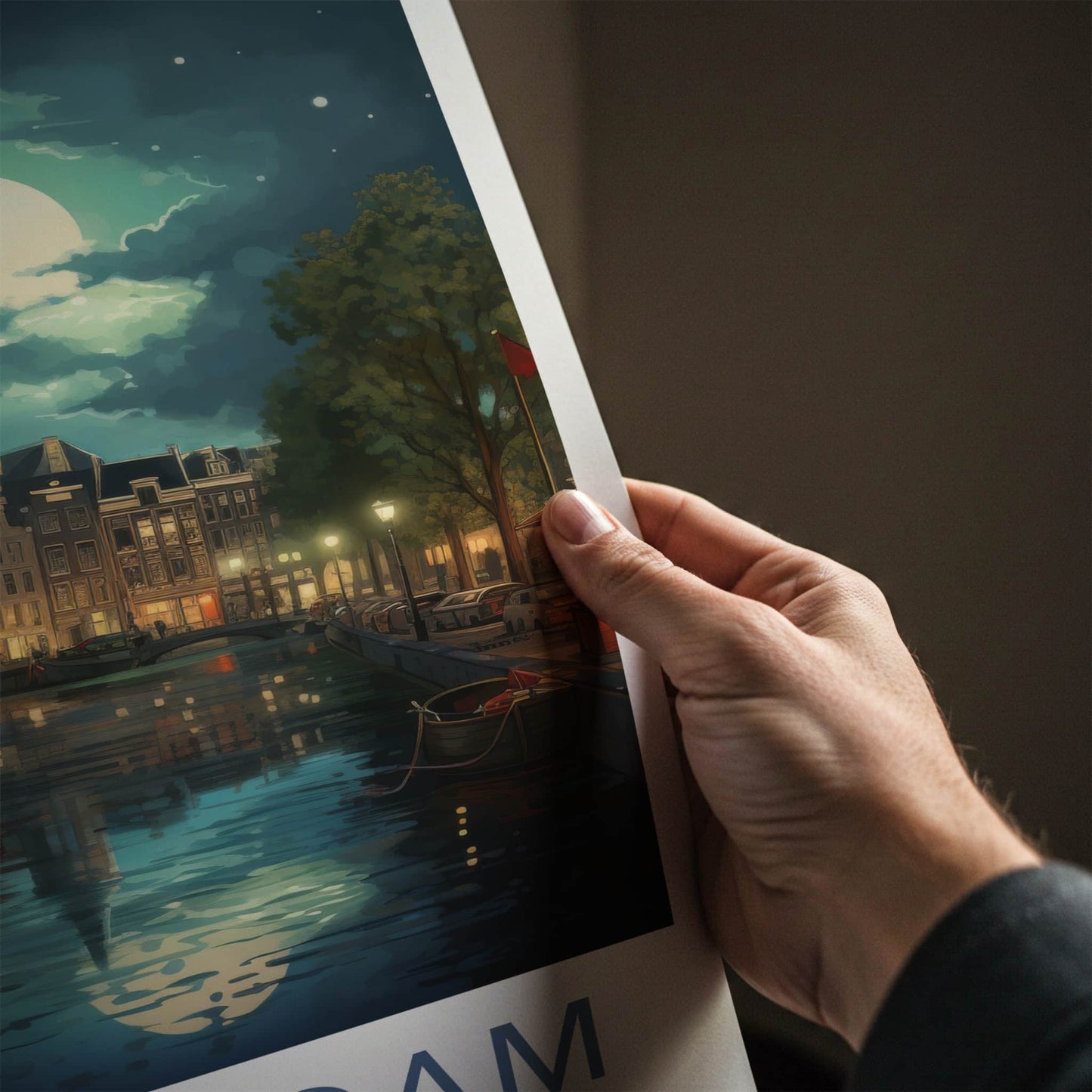 Amsterdam Poster - Netherlands Travel Art - Moonlit Canal City Home Decor
