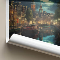 Amsterdam Poster - Netherlands Travel Art - Moonlit Canal City Home Decor