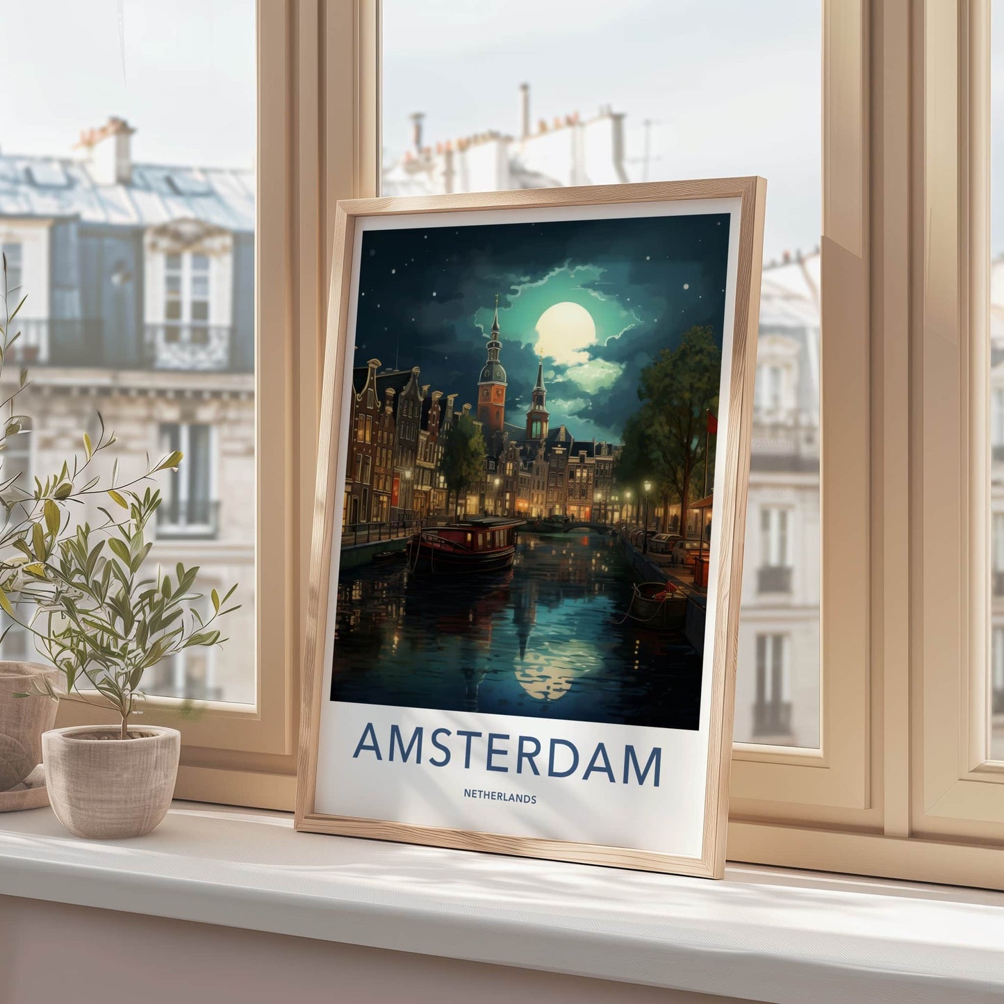 Amsterdam Poster - Netherlands Travel Art - Moonlit Canal City Home Decor