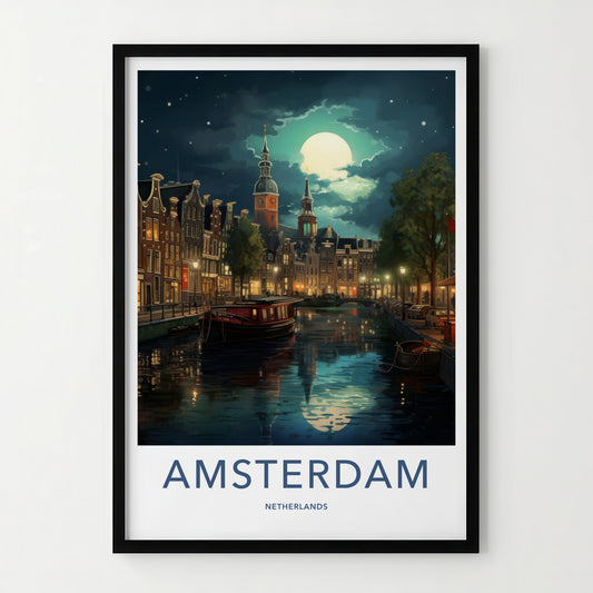 Amsterdam Poster - Netherlands Travel Art - Moonlit Canal City Home Decor