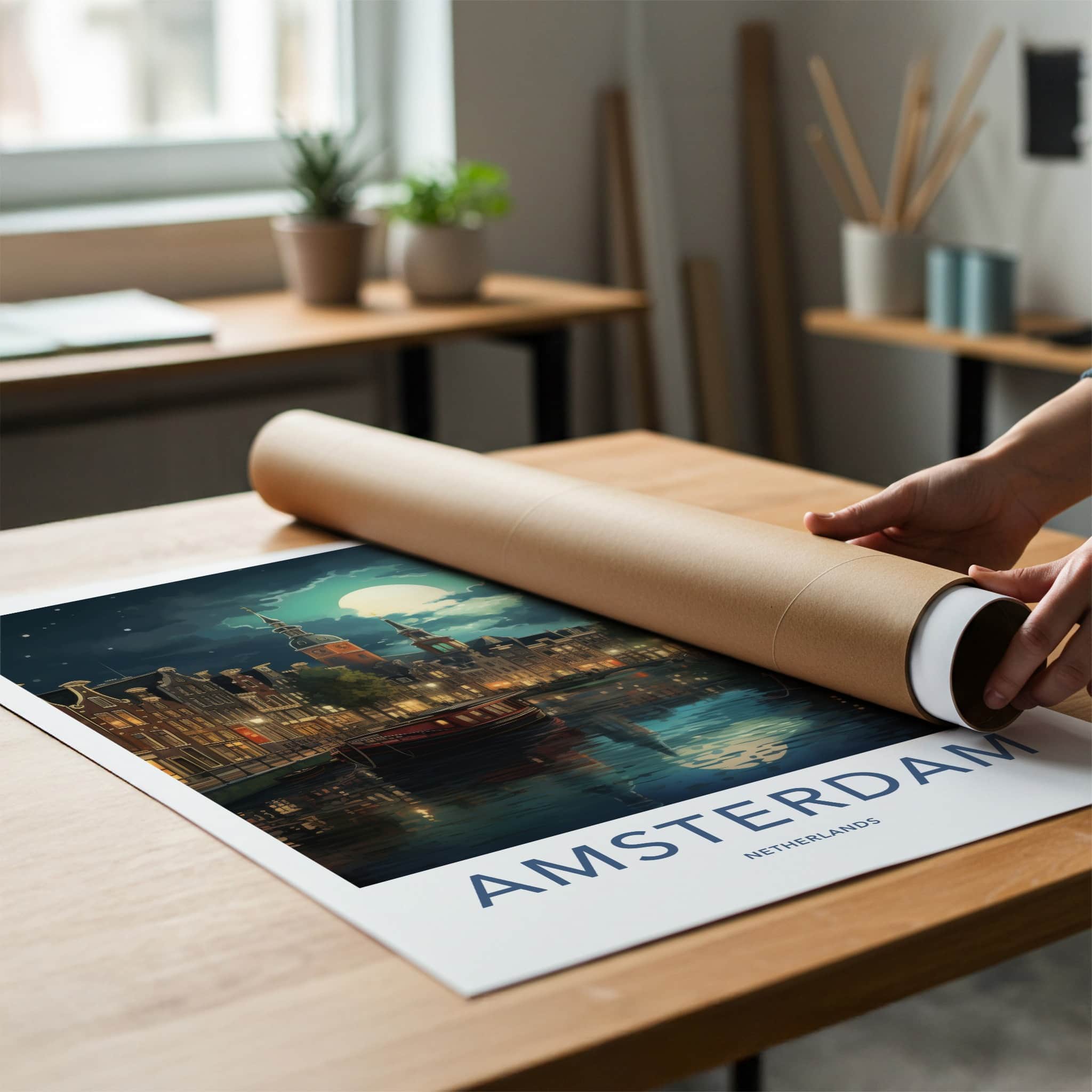 Amsterdam Poster - Netherlands Travel Art - Moonlit Canal City Home Decor