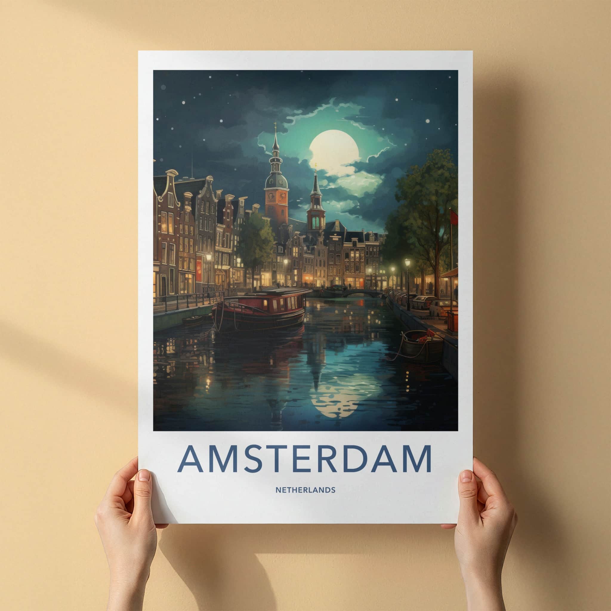 Amsterdam Poster - Netherlands Travel Art - Moonlit Canal City Home Decor