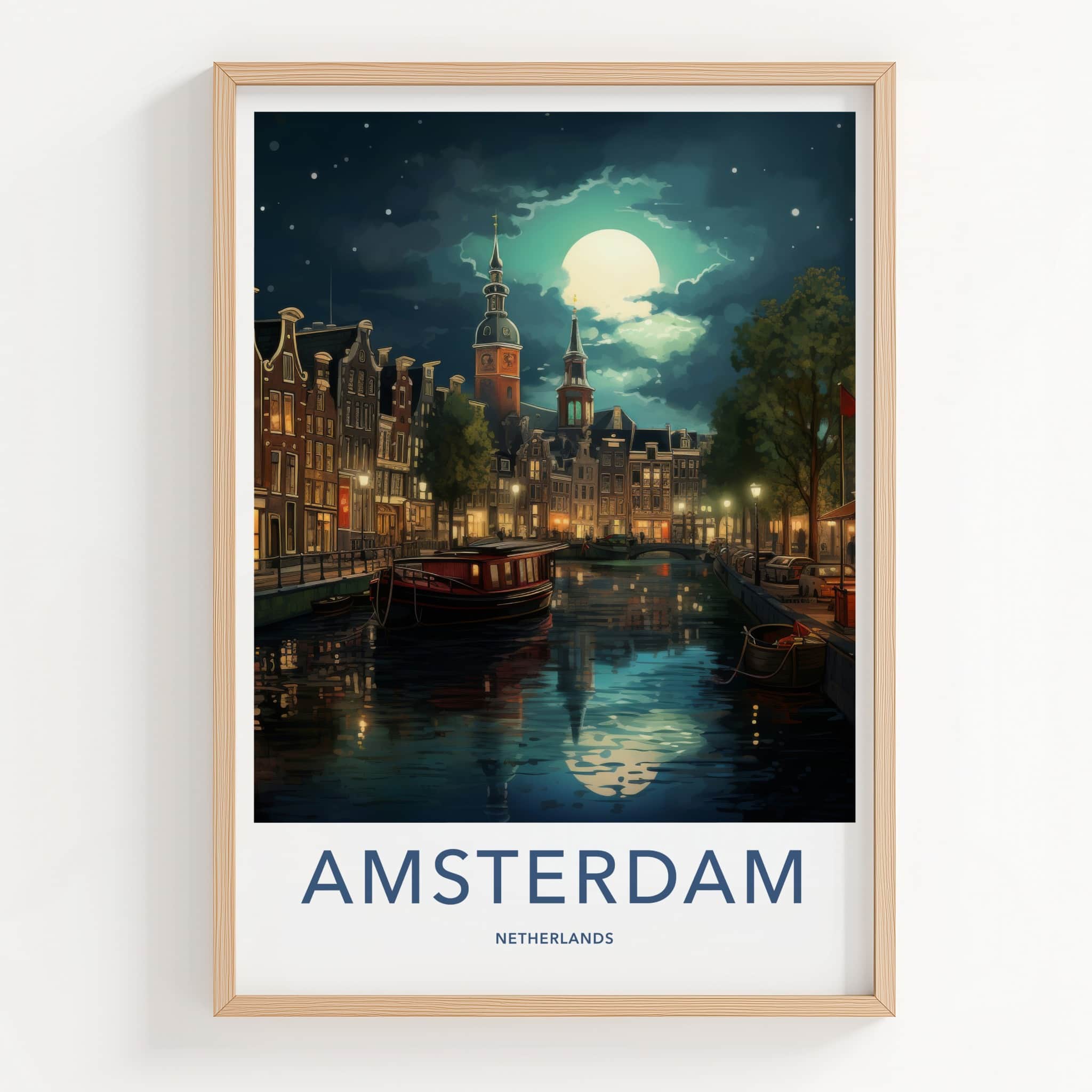 Amsterdam Poster - Netherlands Travel Art - Moonlit Canal City Home Decor