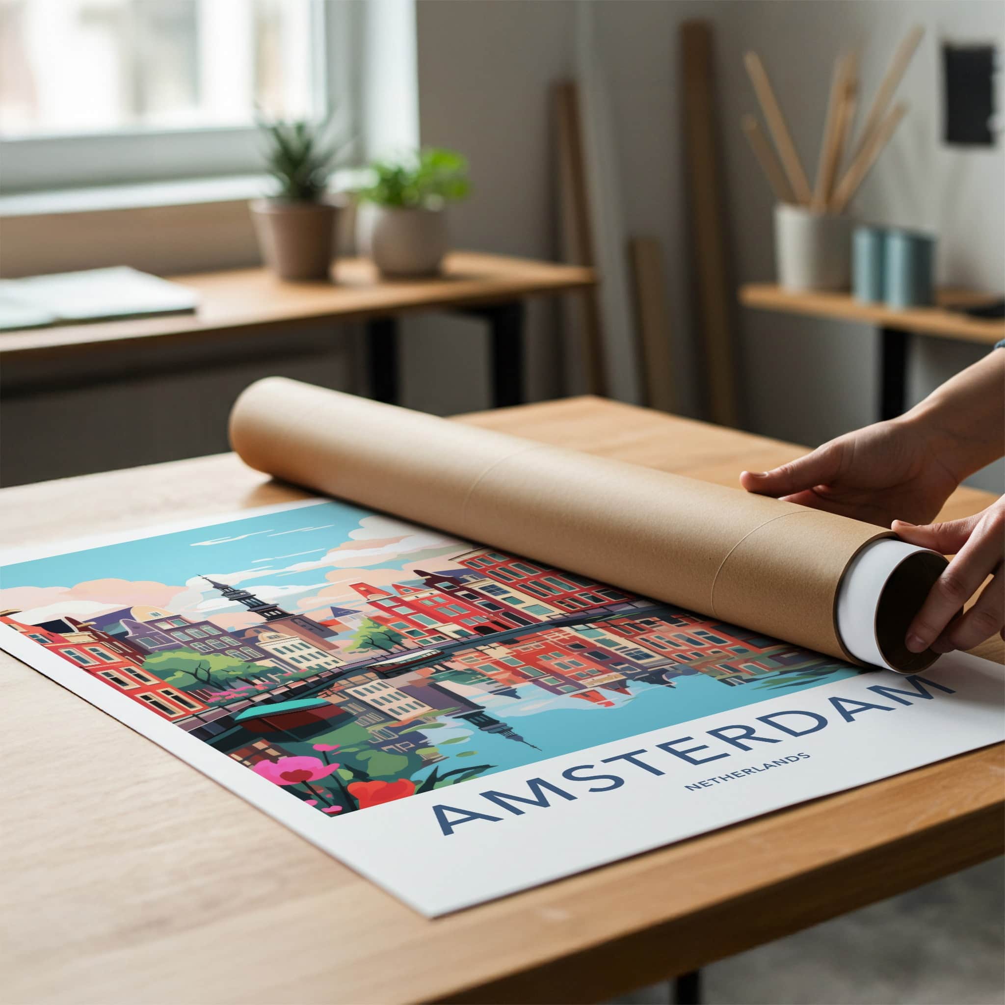 Amsterdam Poster - Netherlands Travel Art - Reflected Canal Scene Home Decor
