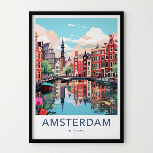 Amsterdam Poster - Netherlands Travel Art - Reflected Canal Scene Home Decor