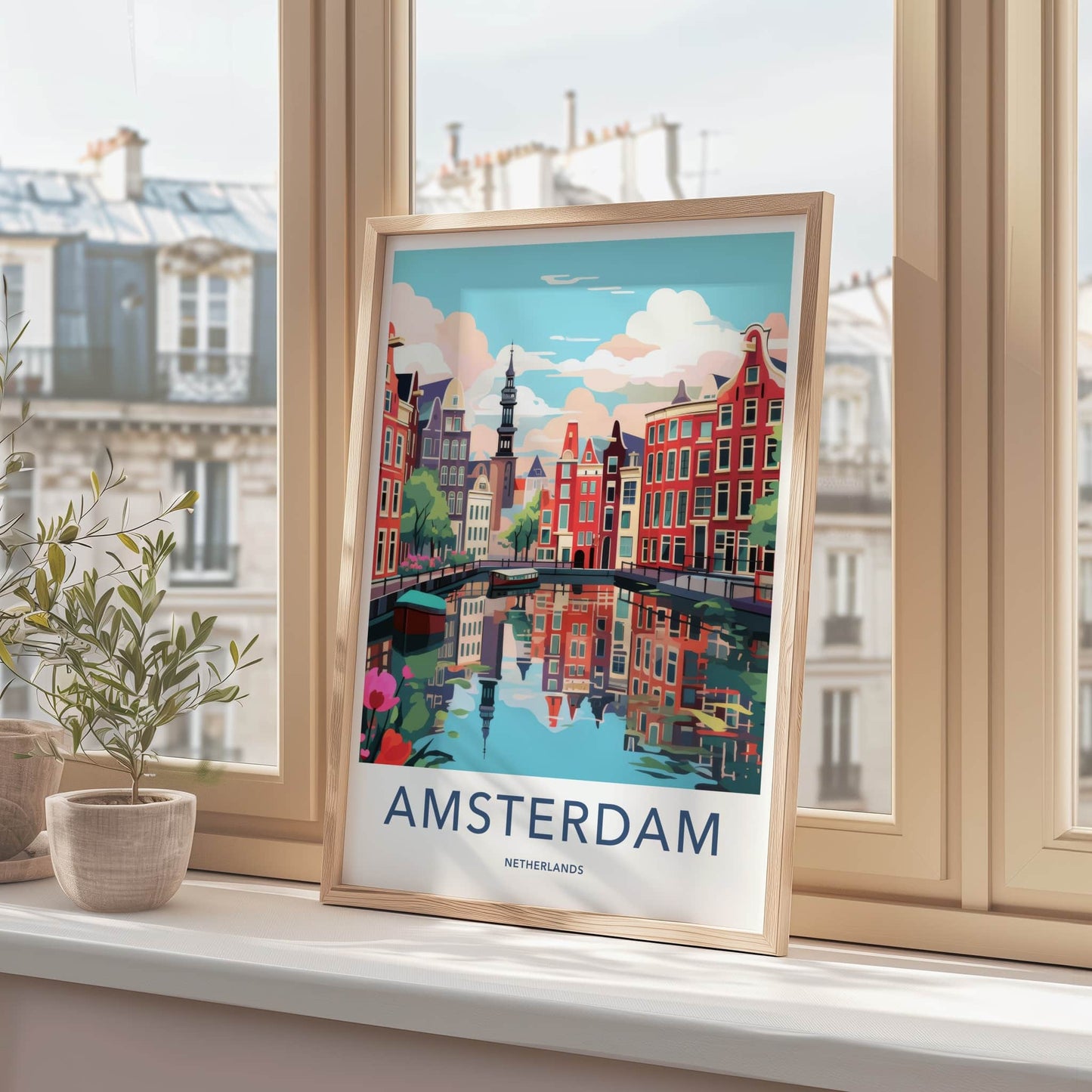 Amsterdam Poster - Netherlands Travel Art - Reflected Canal Scene Home Decor