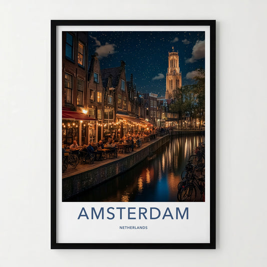 Amsterdam Poster - Netherlands Travel Art - Starry Canal Dinner Home Decor