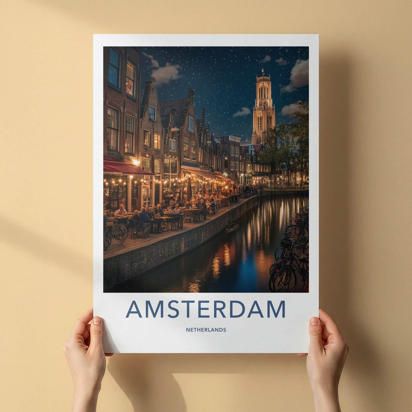 Amsterdam Poster - Netherlands Travel Art - Starry Canal Dinner Home Decor