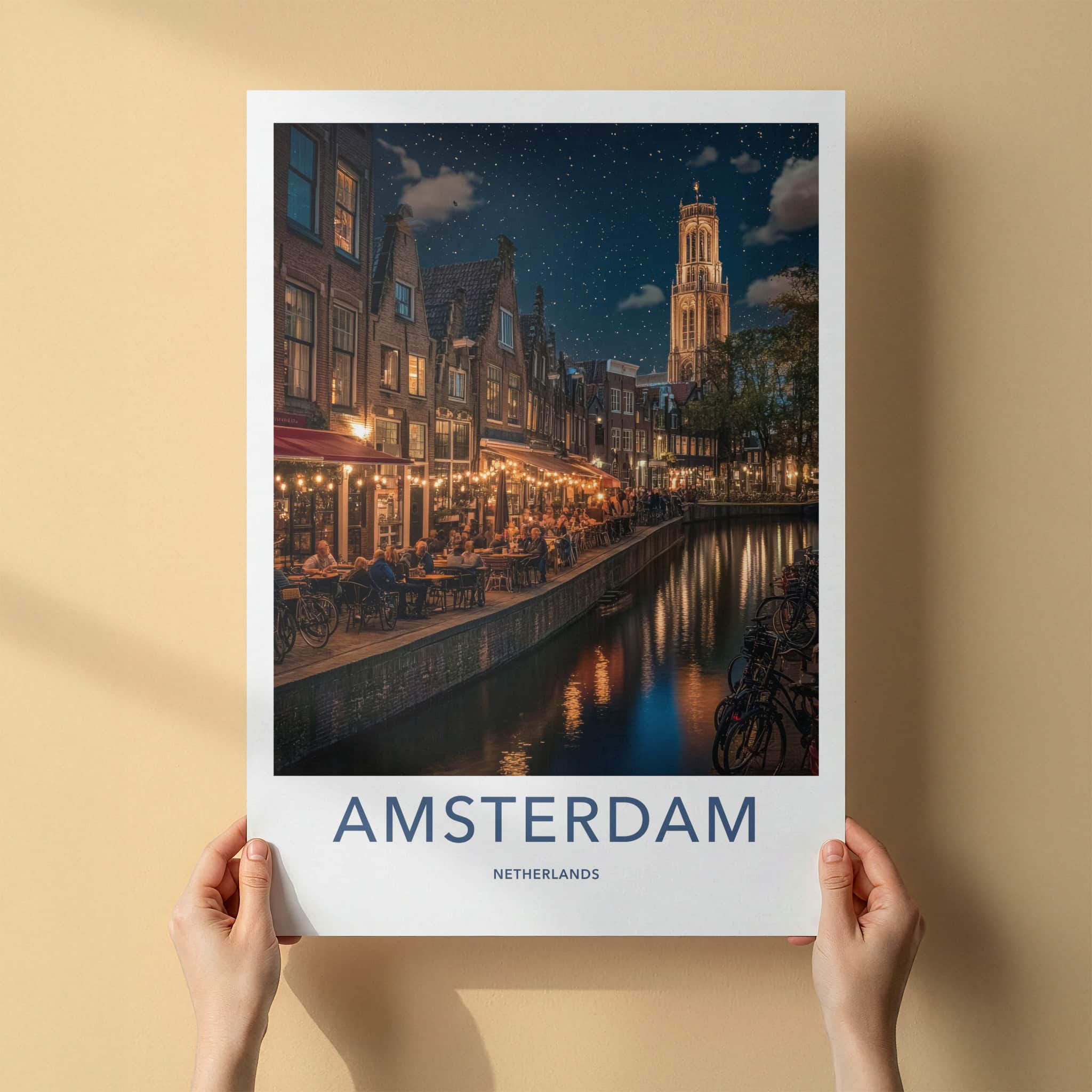 Amsterdam Poster - Netherlands Travel Art - Starry Canal Dinner Home Decor