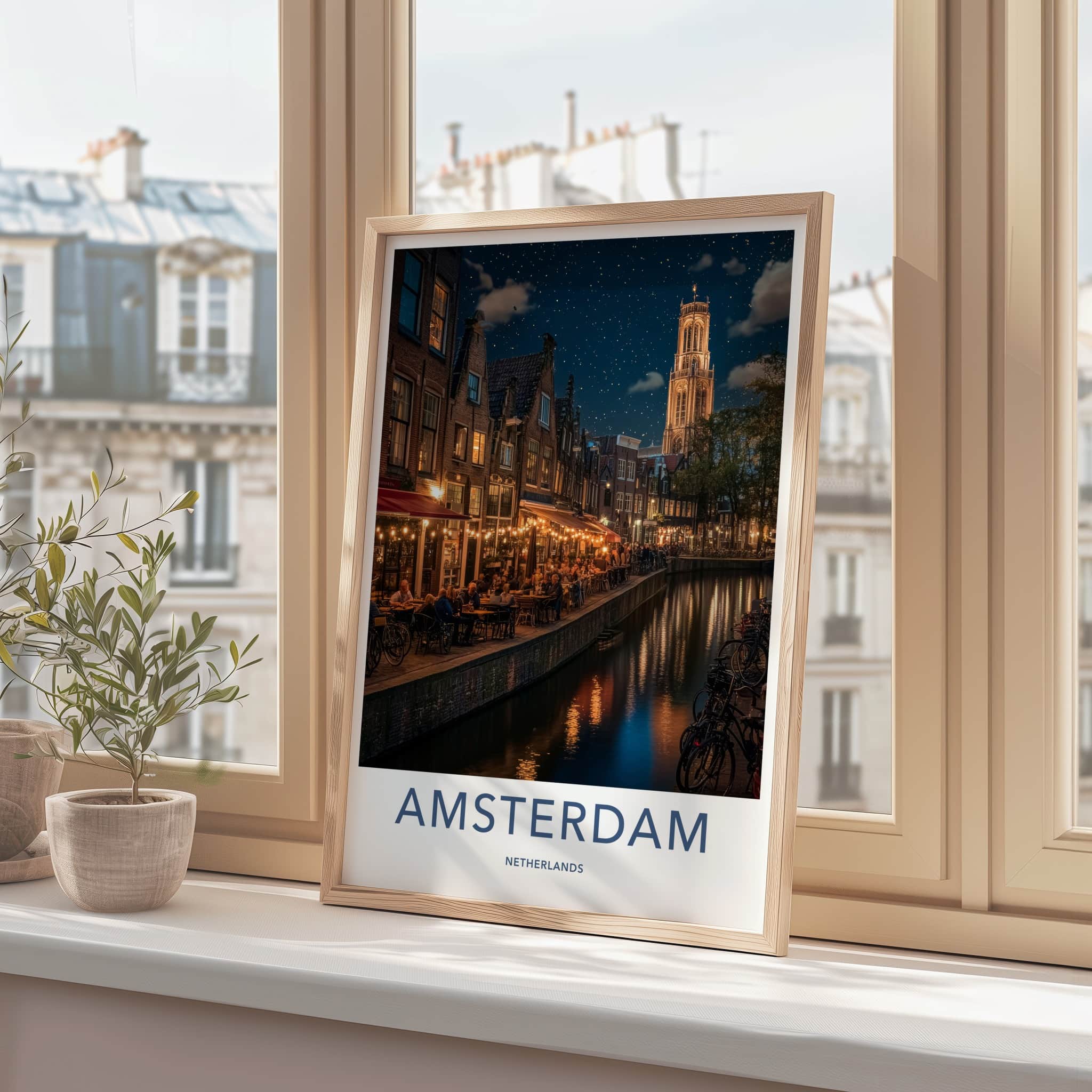 Amsterdam Poster - Netherlands Travel Art - Starry Canal Dinner Home Decor