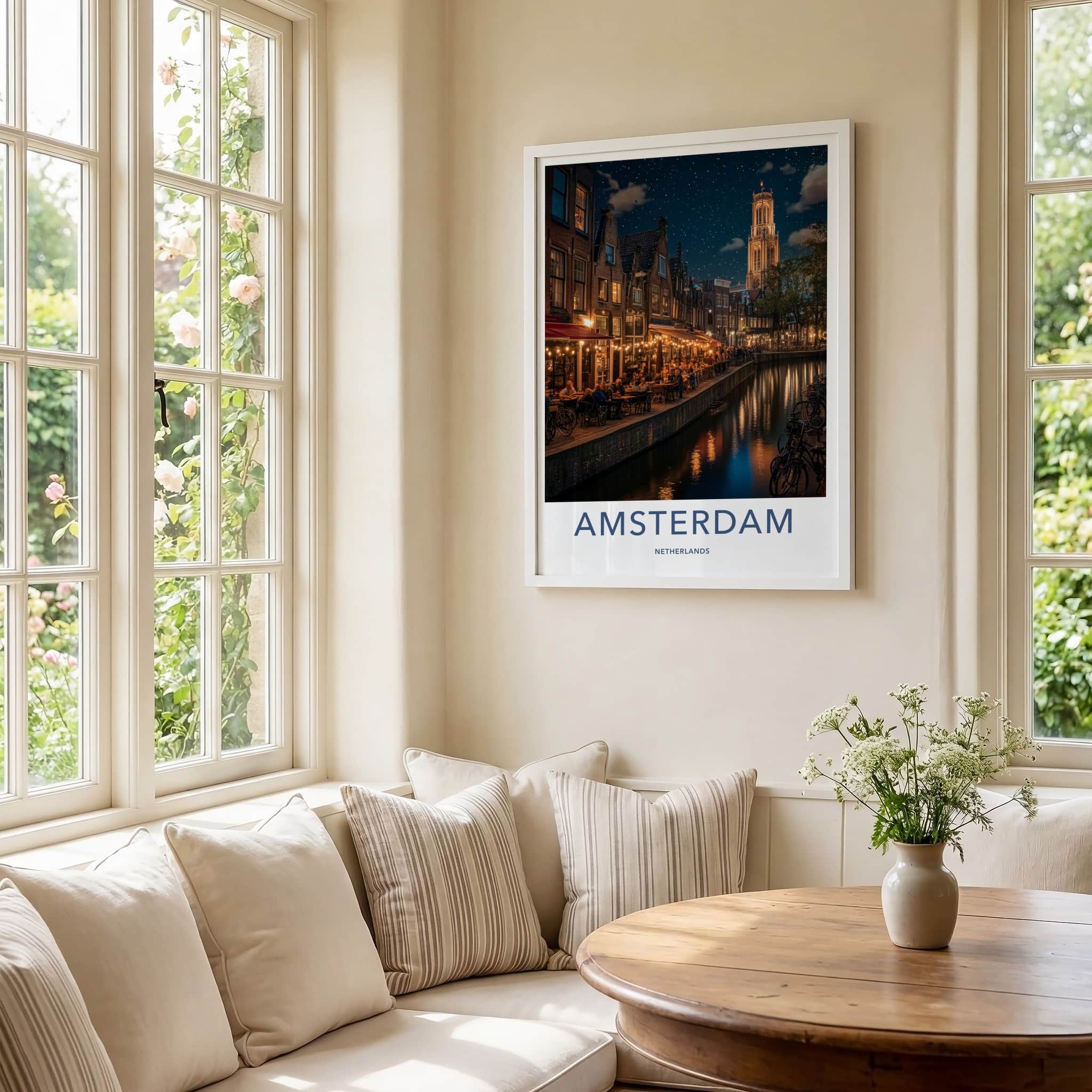 Amsterdam Poster - Netherlands Travel Art - Starry Canal Dinner Home Decor