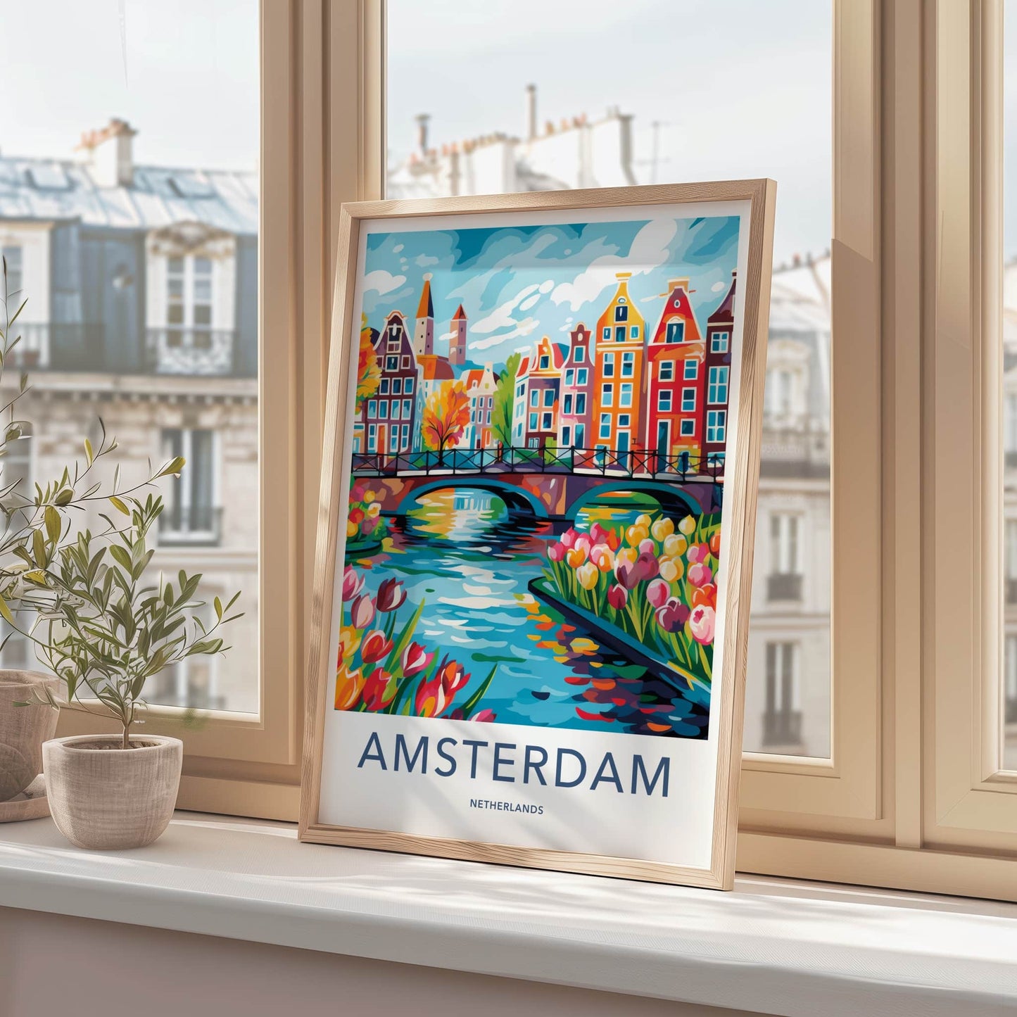 Amsterdam Poster - Netherlands Travel Art - Vibrant Canal Scene Home Decor