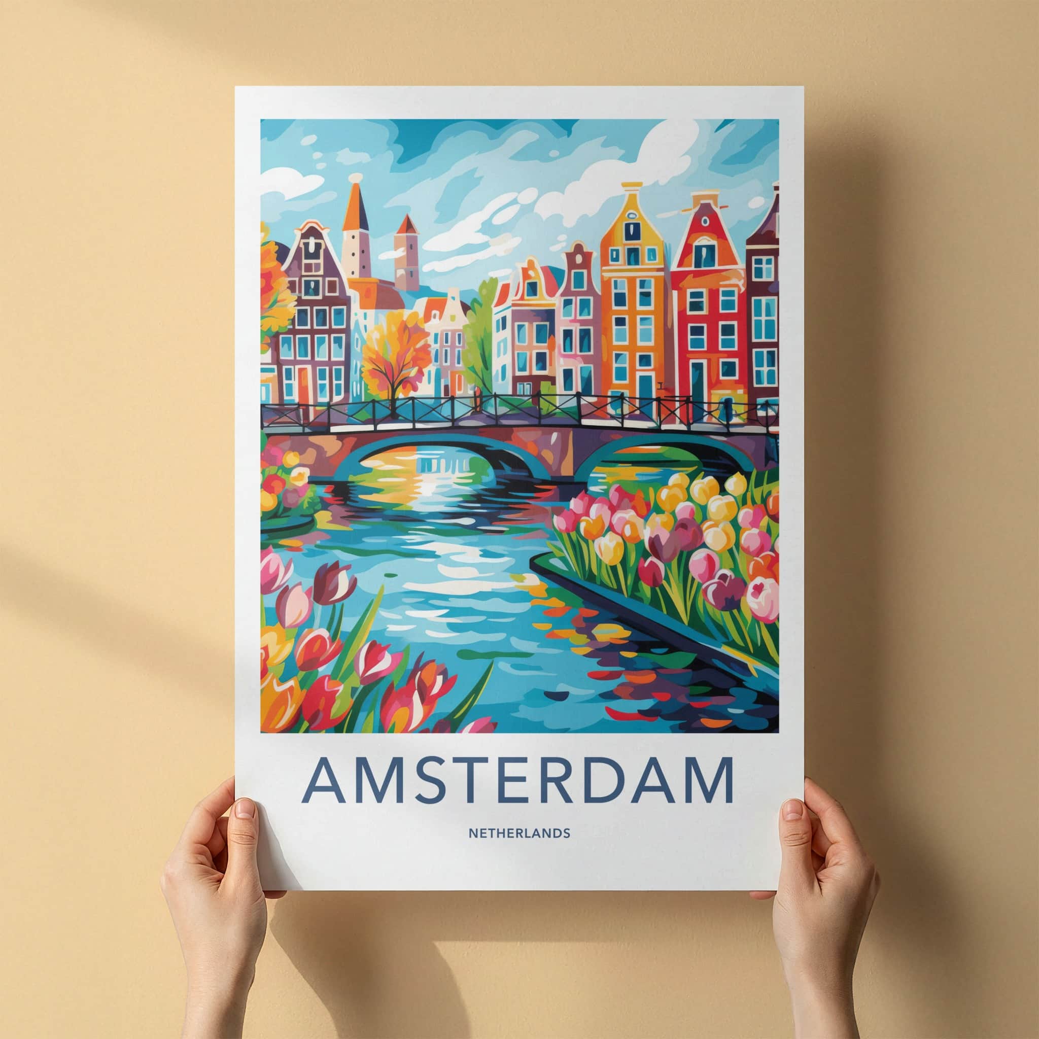 Amsterdam Poster - Netherlands Travel Art - Vibrant Canal Scene Home Decor