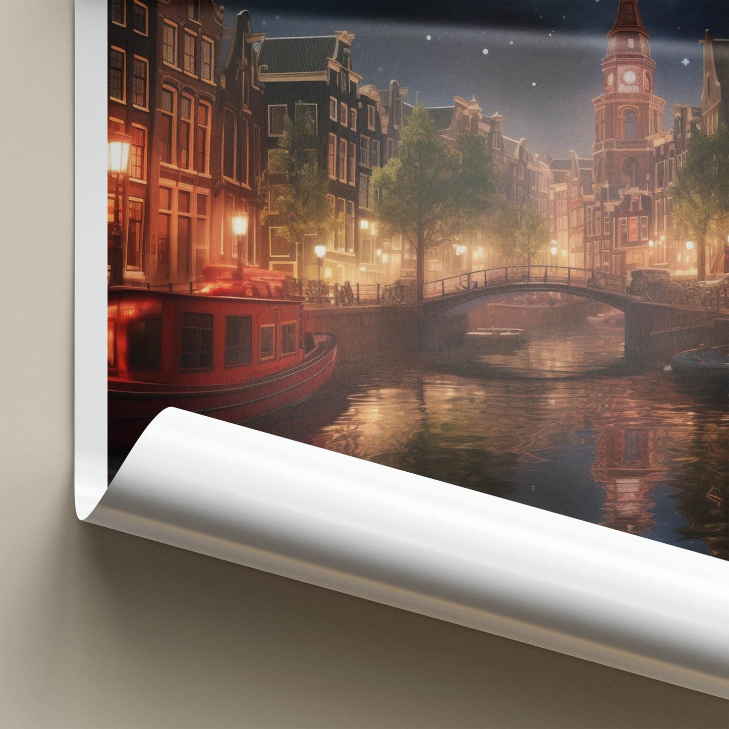 Amsterdam Poster - Netherlands Travel Print - Moonlit Canal View Framed Decor