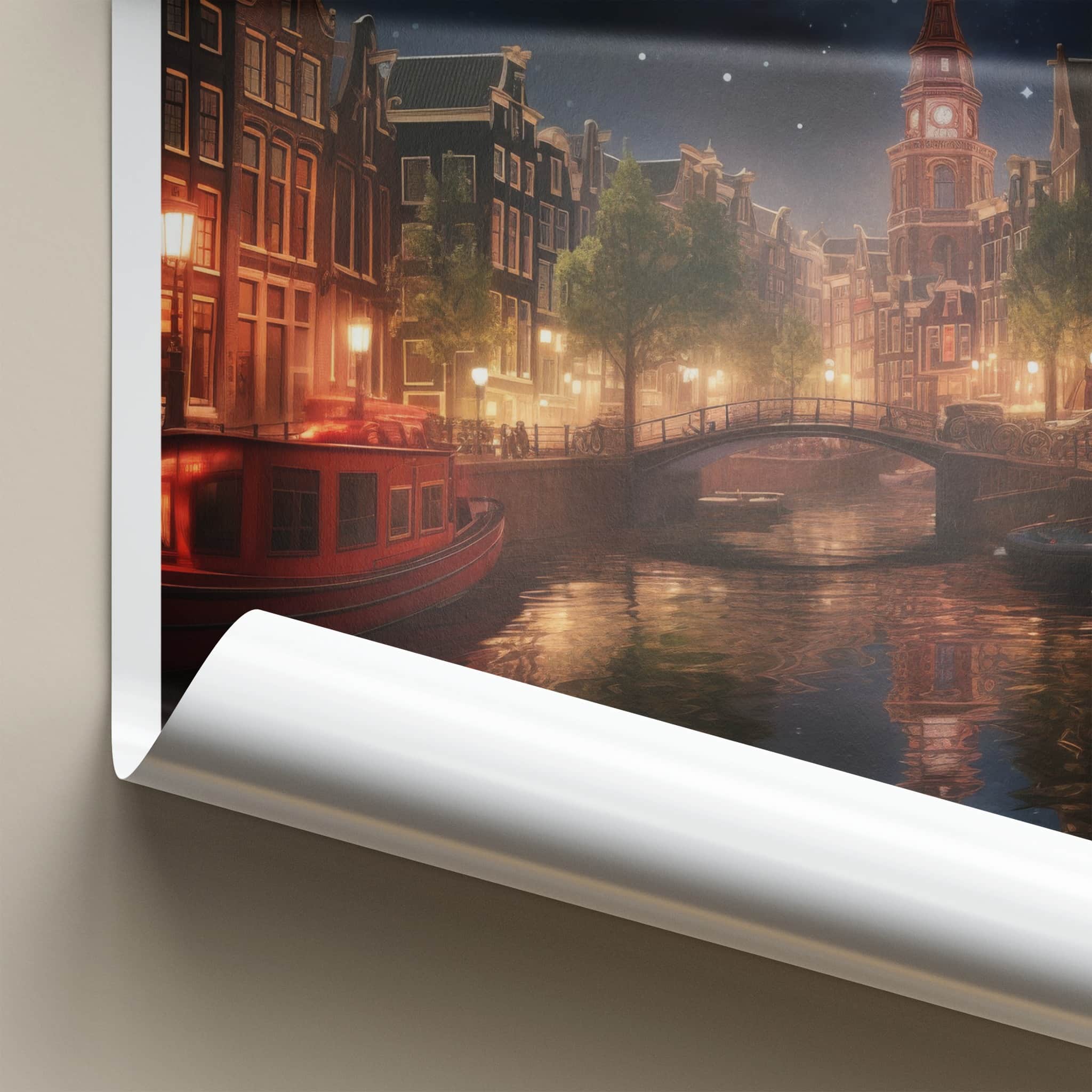 Amsterdam Poster - Netherlands Travel Print - Moonlit Canal View Framed Decor