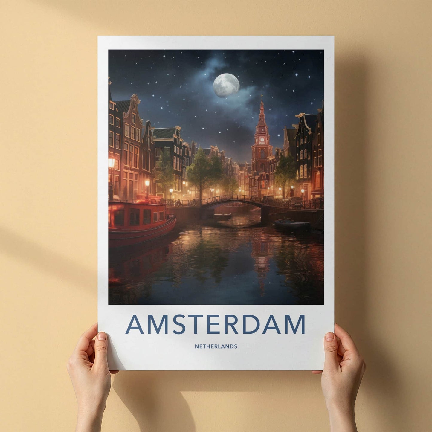 Amsterdam Poster - Netherlands Travel Print - Moonlit Canal View Framed Decor