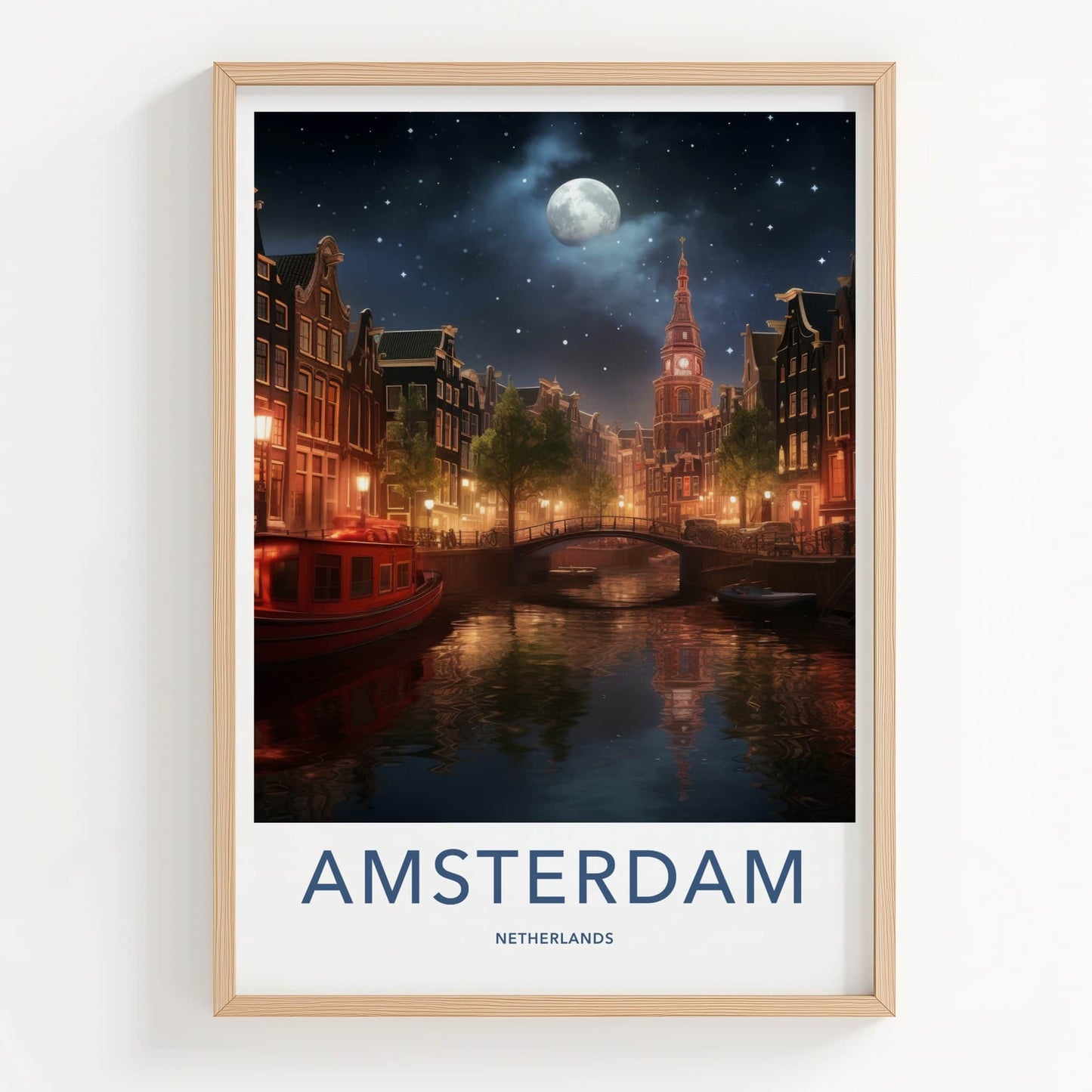 Amsterdam Poster - Netherlands Travel Print - Moonlit Canal View Framed Decor