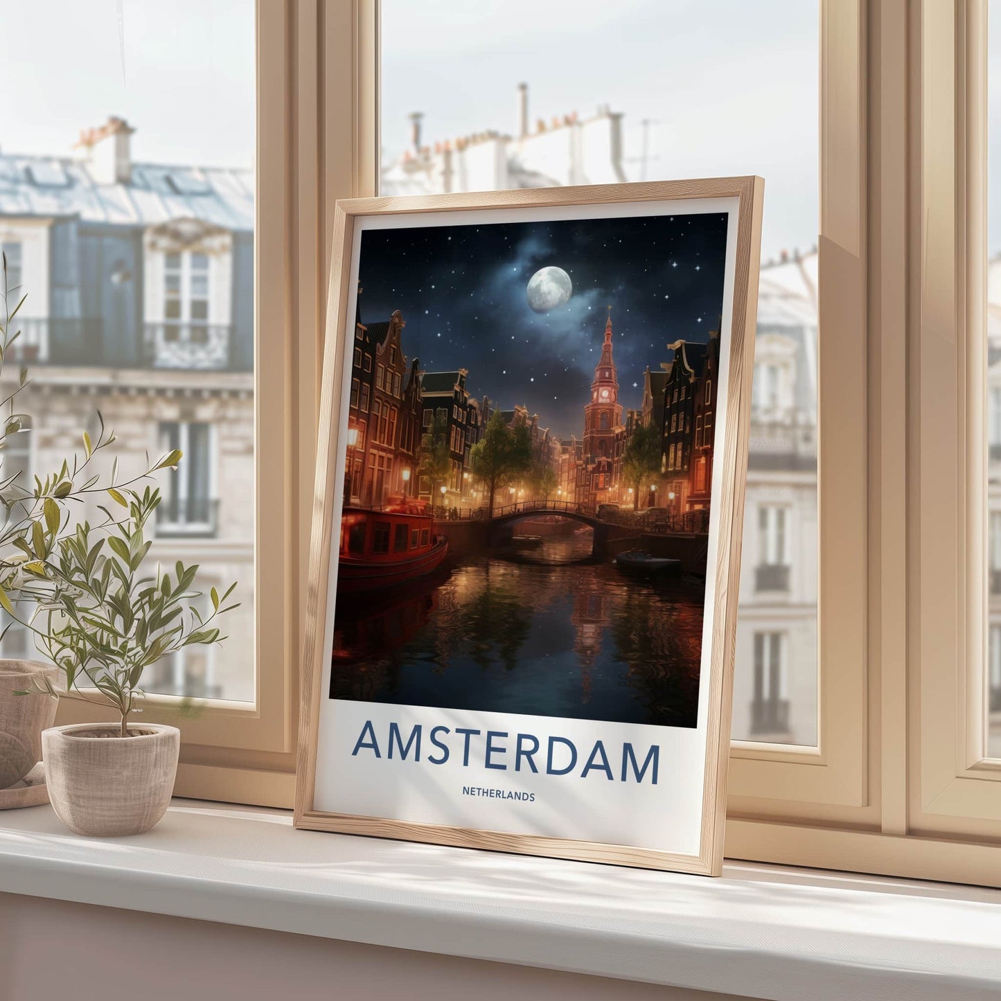 Amsterdam Poster - Netherlands Travel Print - Moonlit Canal View Framed Decor