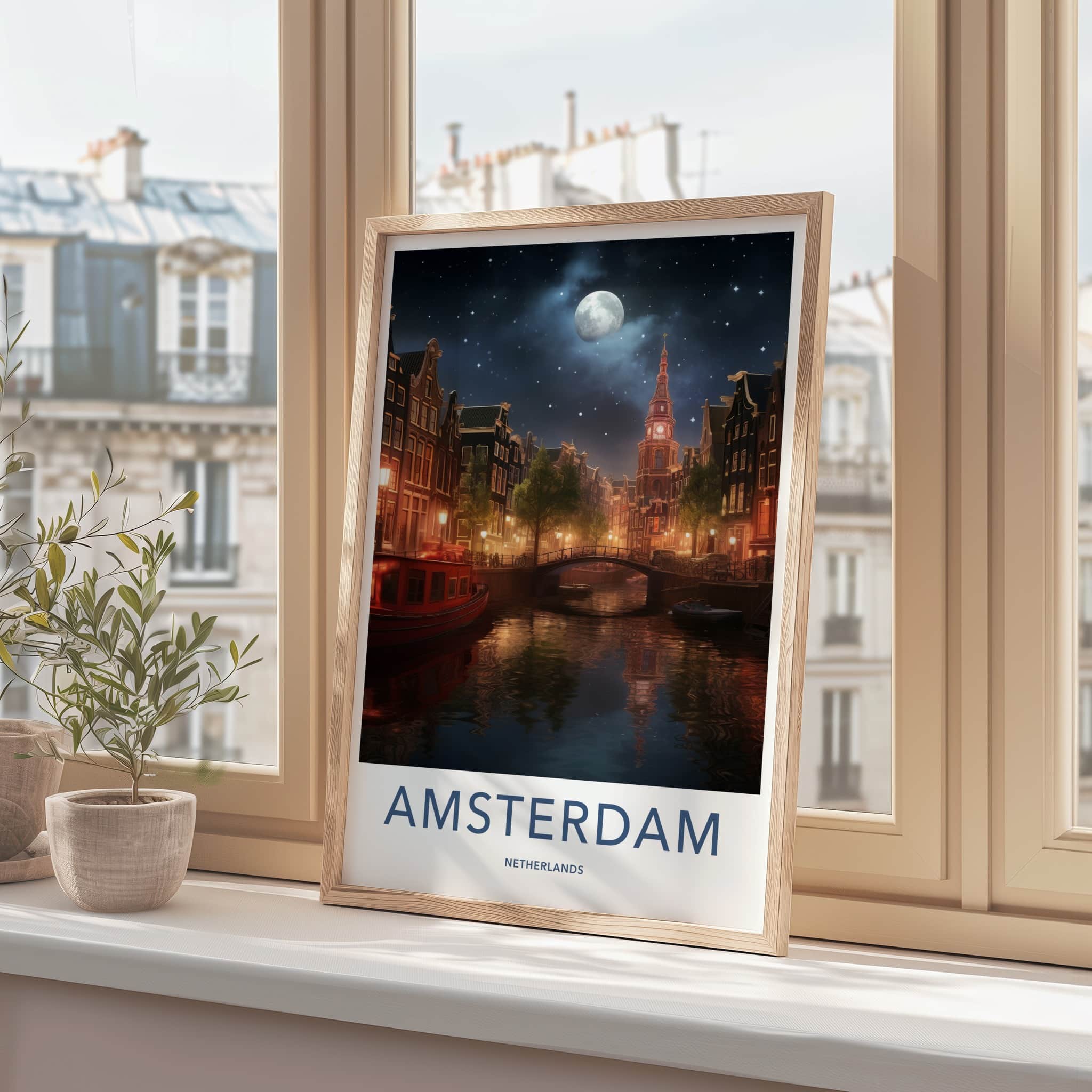 Amsterdam Poster - Netherlands Travel Print - Moonlit Canal View Framed Decor