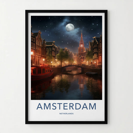Amsterdam Poster - Netherlands Travel Print - Moonlit Canal View Framed Decor
