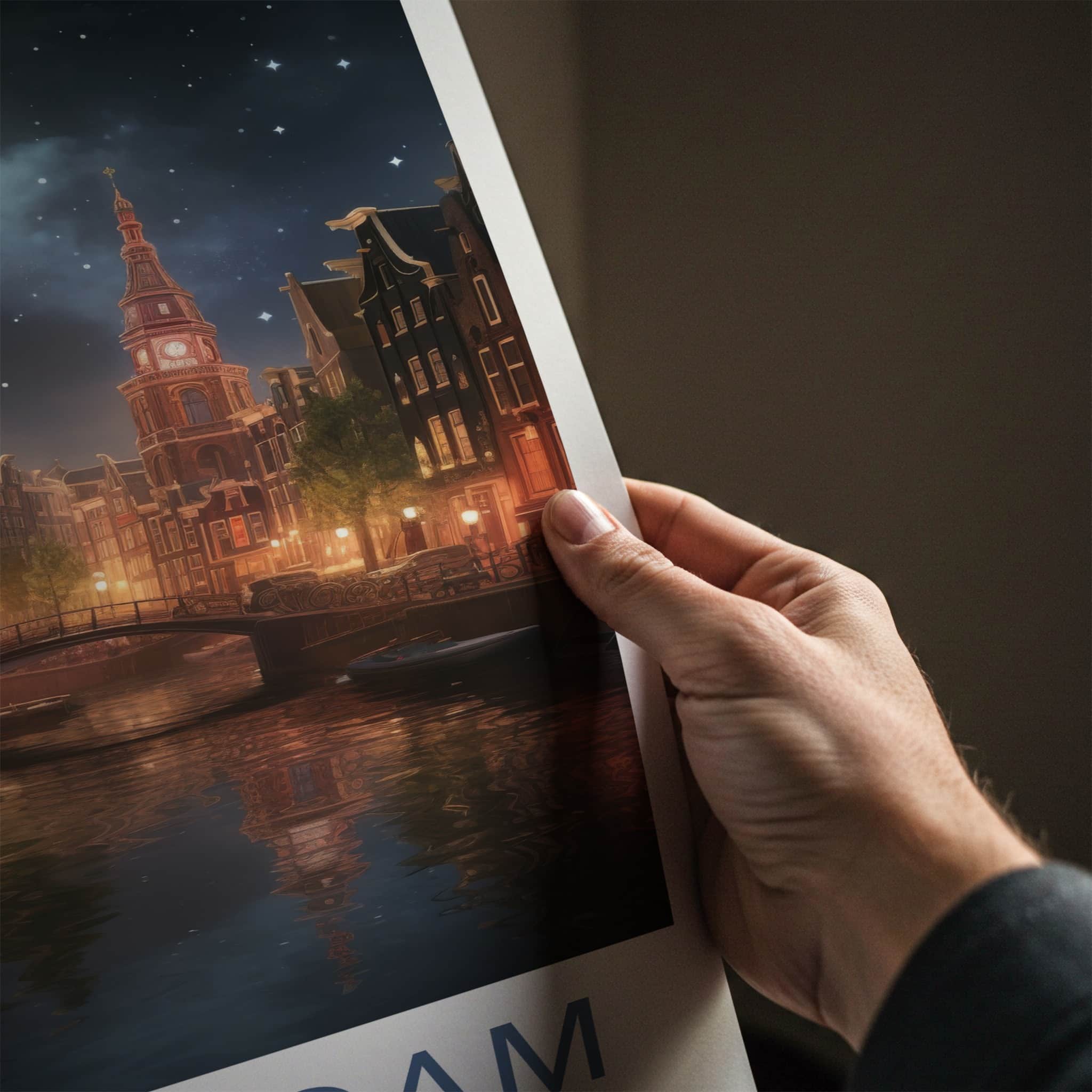 Amsterdam Poster - Netherlands Travel Print - Moonlit Canal View Framed Decor