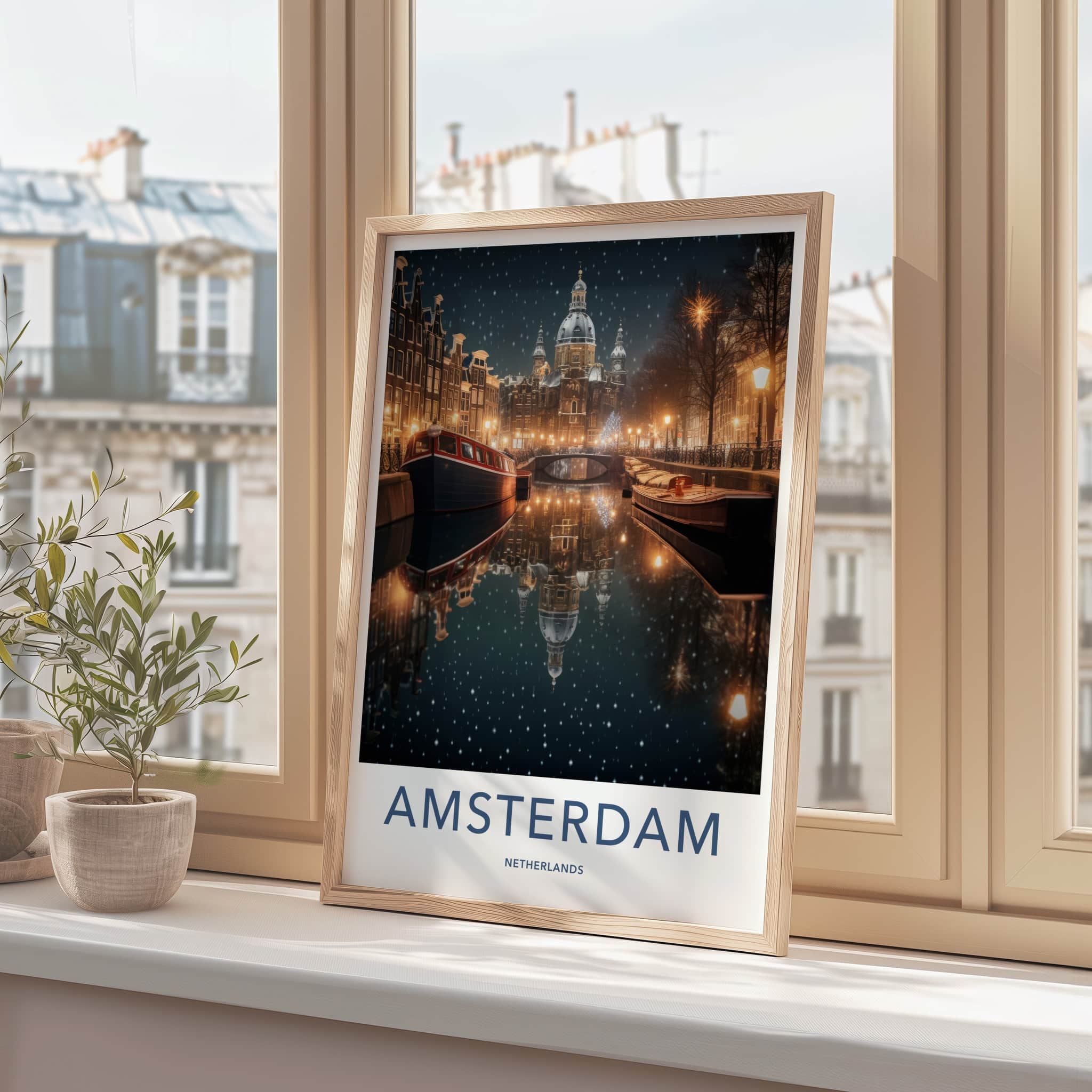 Amsterdam Poster - Netherlands Wall Art - Snowy Canal Lights Home Decor