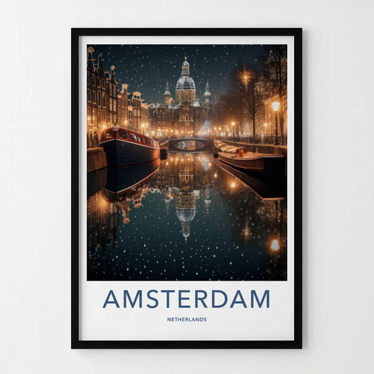 Amsterdam Poster - Netherlands Wall Art - Snowy Canal Lights Home Decor