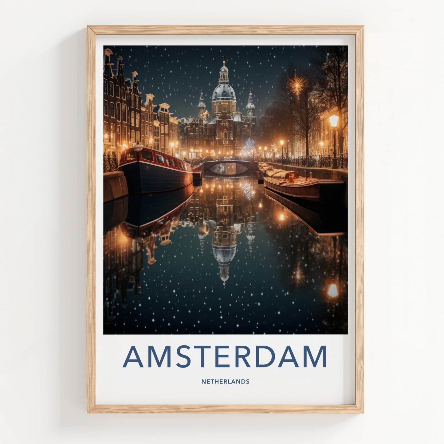 Amsterdam Poster - Netherlands Wall Art - Snowy Canal Lights Home Decor