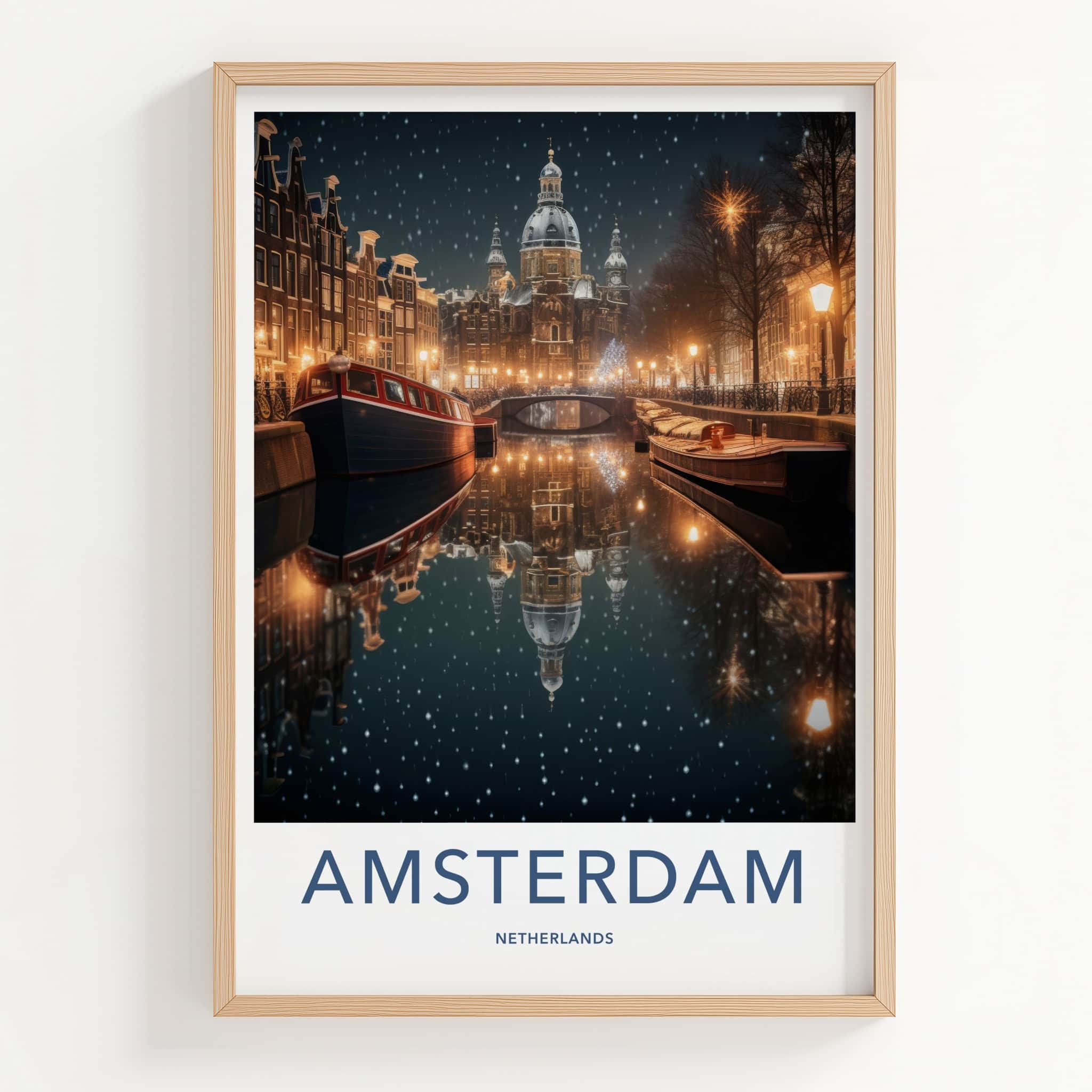 Amsterdam Poster - Netherlands Wall Art - Snowy Canal Lights Home Decor