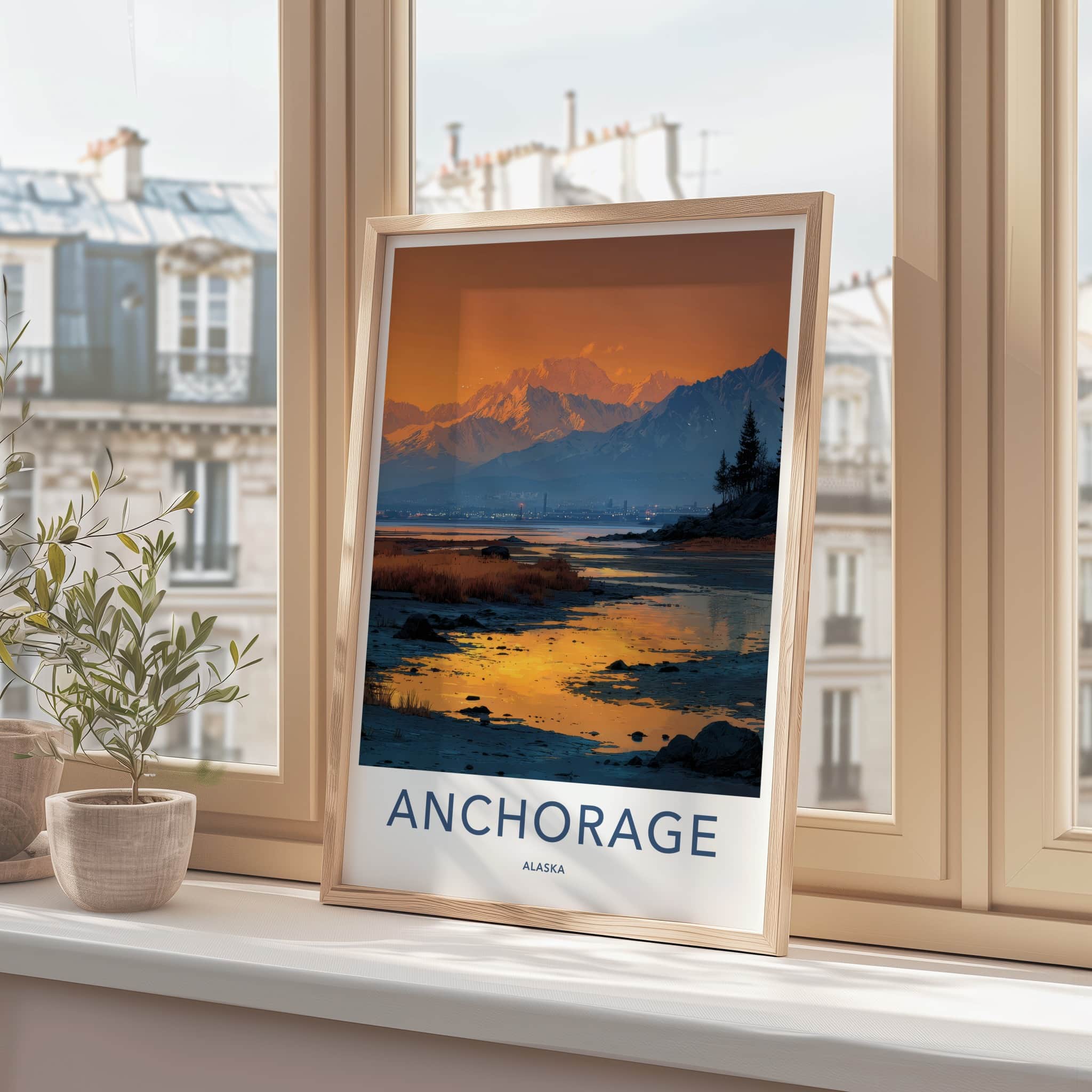 Anchorage Poster - Alaska Travel Art - Alpenglow Cityscape Bay Home Decor