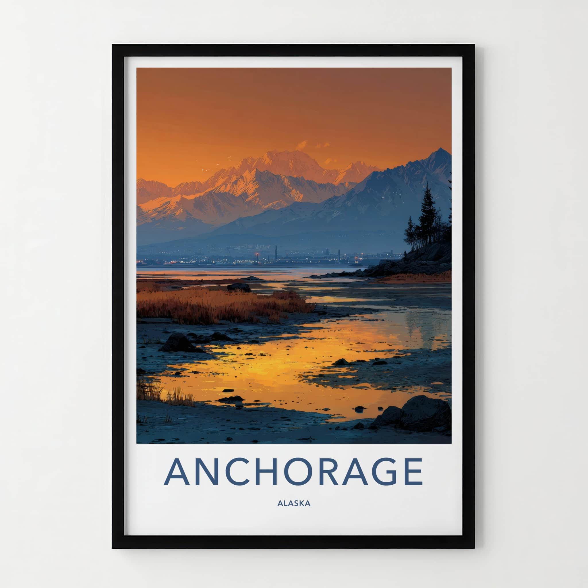 Anchorage Poster - Alaska Travel Art - Alpenglow Cityscape Bay Home Decor