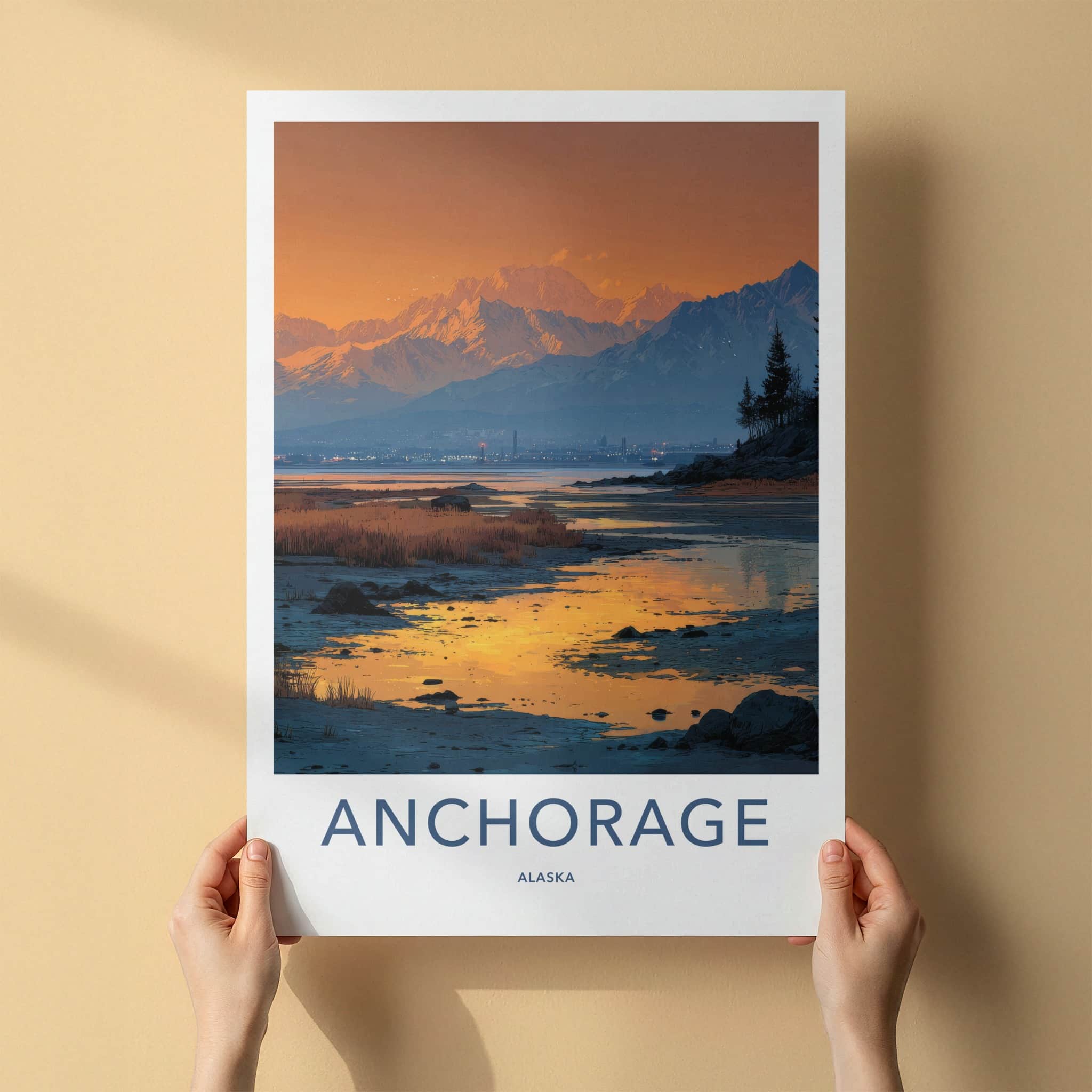 Anchorage Poster - Alaska Travel Art - Alpenglow Cityscape Bay Home Decor