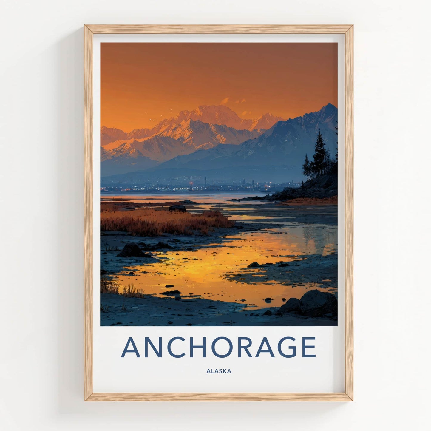 Anchorage Poster - Alaska Travel Art - Alpenglow Cityscape Bay Home Decor