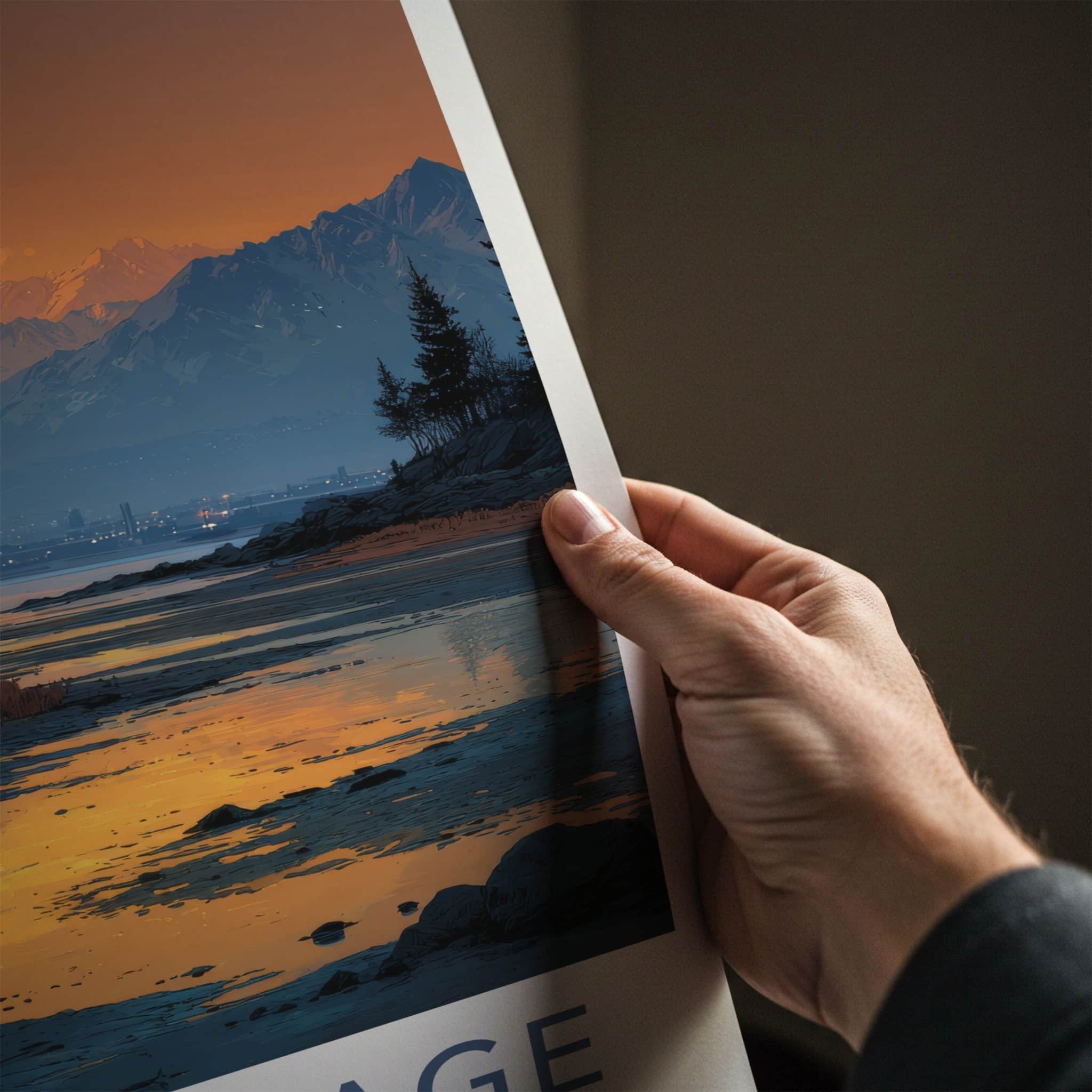 Anchorage Poster - Alaska Travel Art - Alpenglow Cityscape Bay Home Decor