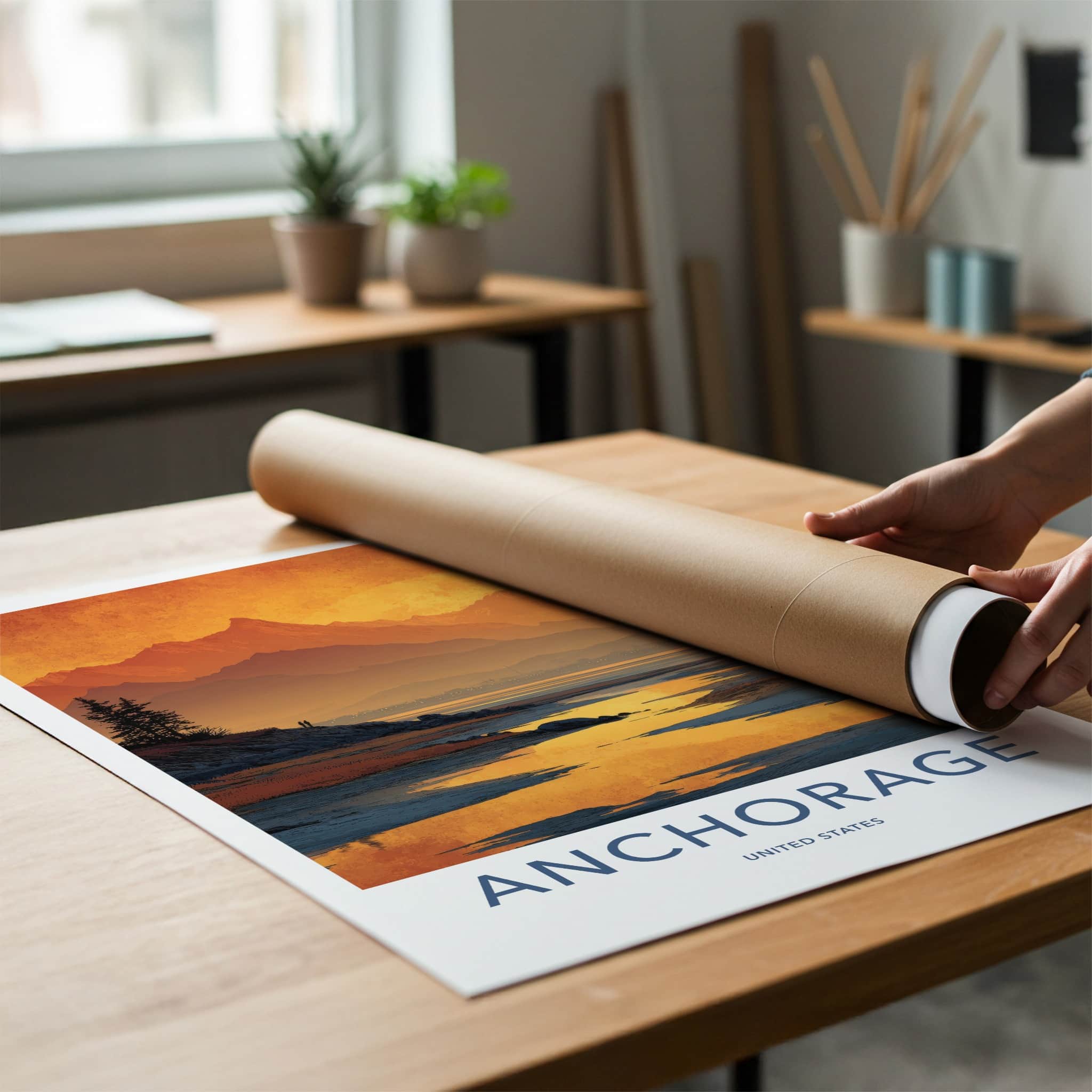 Anchorage Poster - Alaska Travel Art - Orange Bay Mountains Home Decor