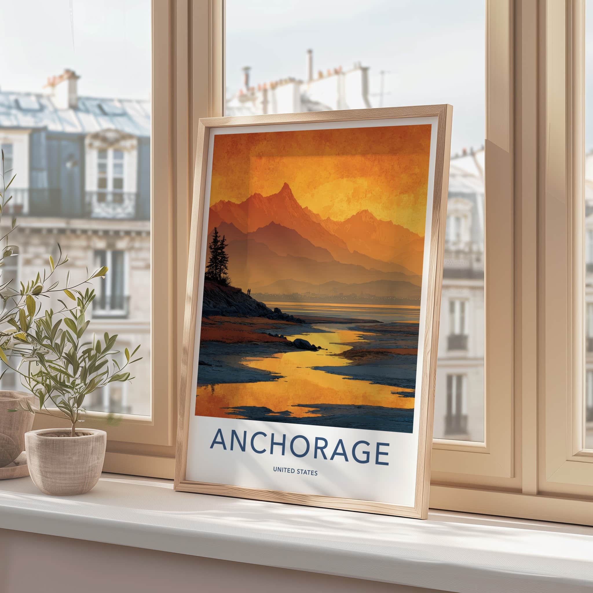 Anchorage Poster - Alaska Travel Art - Orange Bay Mountains Home Decor